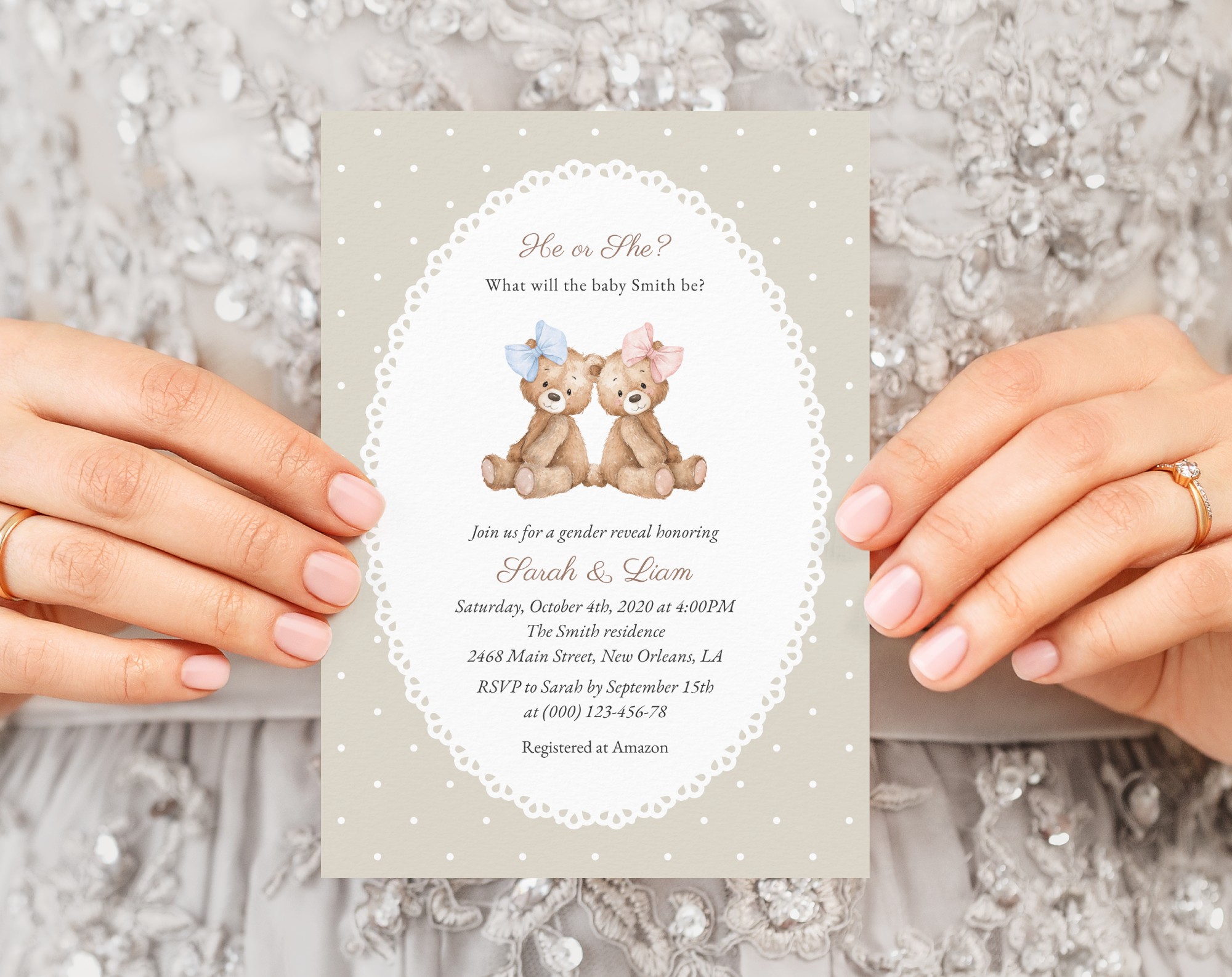 Bear and Beige Polka Dots Gender Reveal Invitation, Printable File, Edit Yourself, SH225
