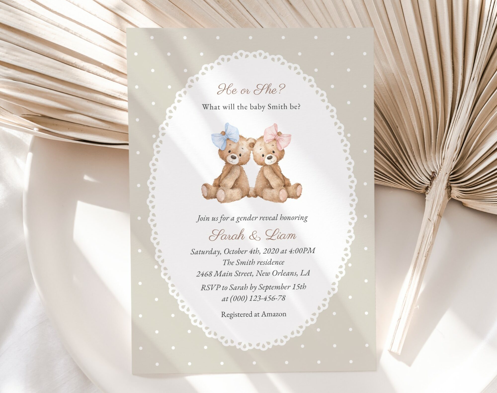 Bear and Beige Polka Dots Gender Reveal Invitation, Printable File, Edit Yourself, SH225