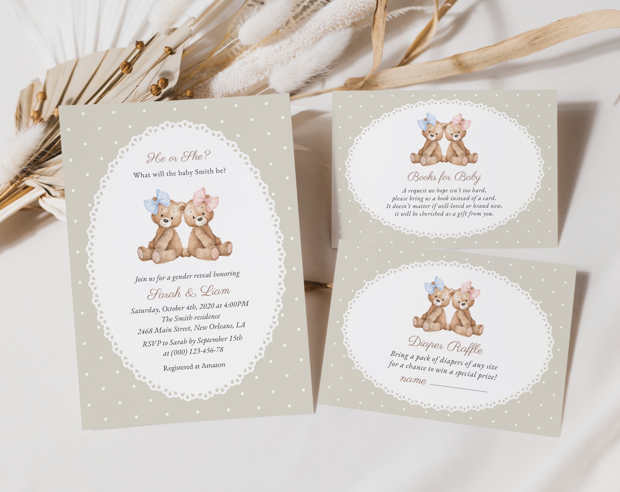 Bear and Beige Polka Dots Gender Reveal Invitation Suite, Printable File, Edit Yourself, SH225
