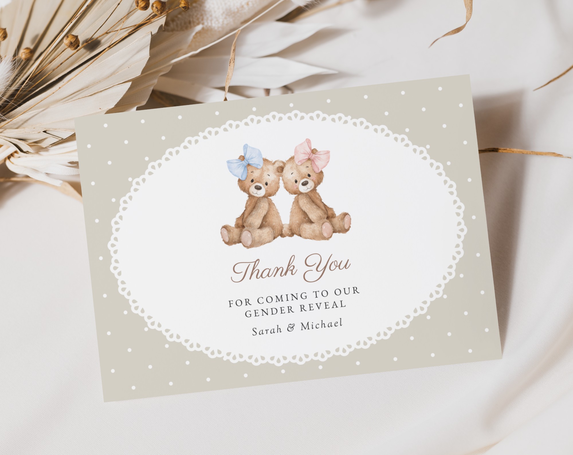 Bear and Beige Polka Dots Gender Reveal Thank You Card, Printable File, Edit Yourself, SH225 Bear and Beige Polka Dots Gender Reveal Thank You Card, Printable File, Edit Yourself, SH225