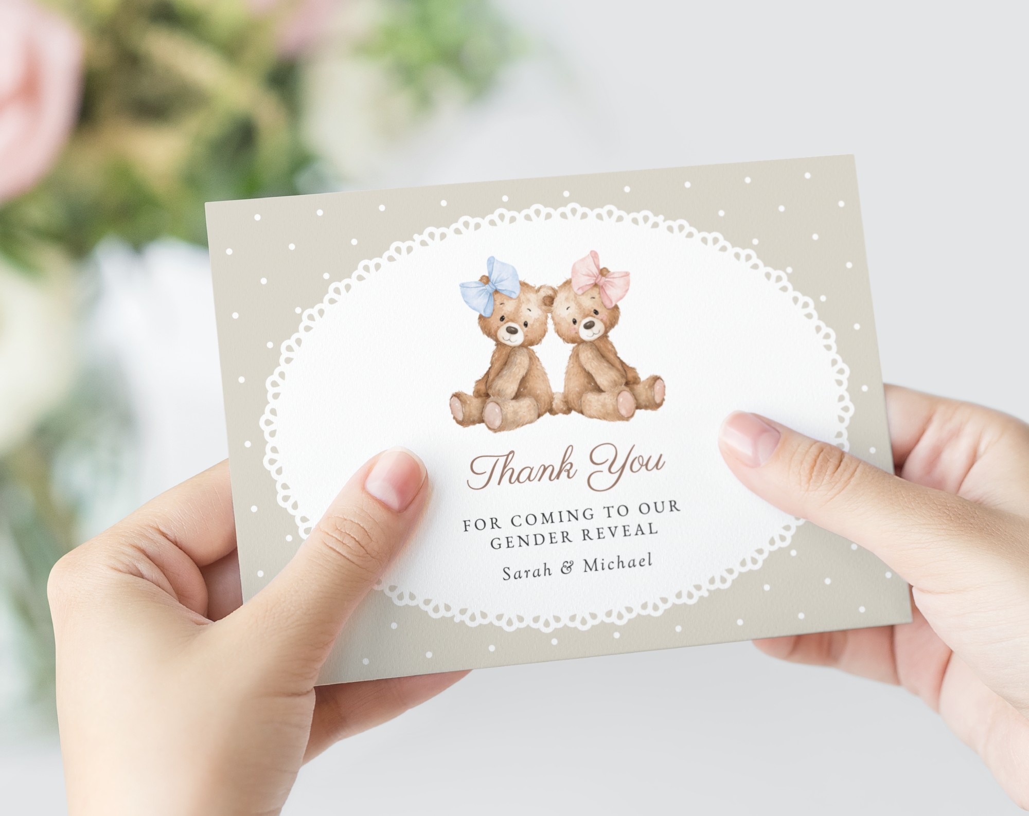 Bear and Beige Polka Dots Gender Reveal Thank You Card, Printable File, Edit Yourself, SH225 Bear and Beige Polka Dots Gender Reveal Thank You Card, Printable File, Edit Yourself, SH225