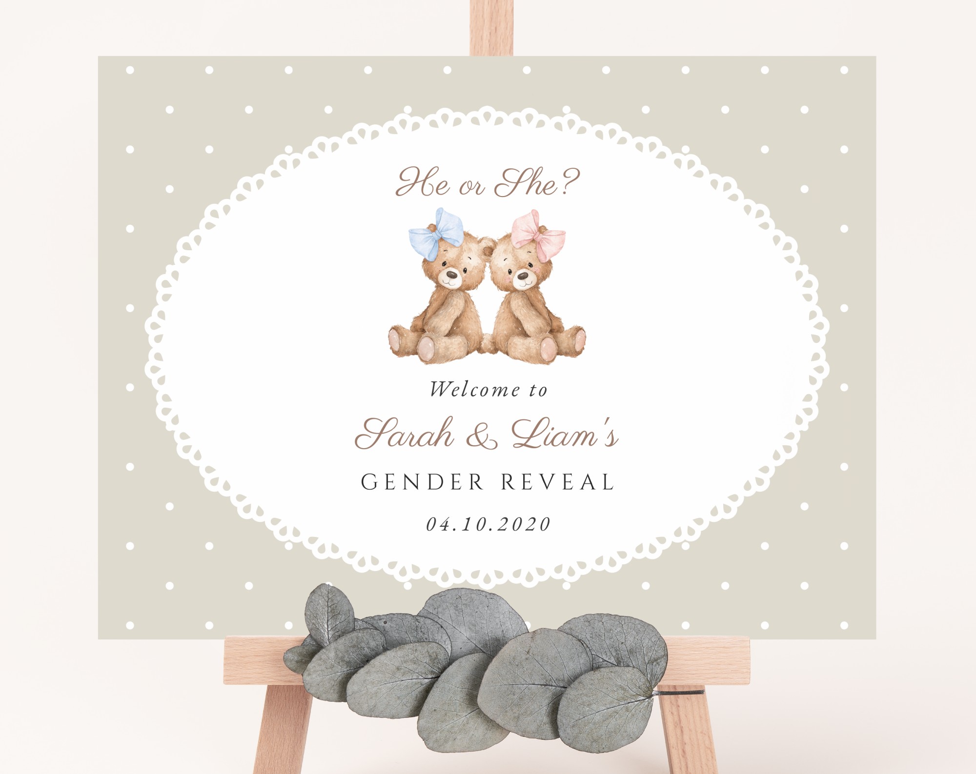 Bear and Beige Polka Dots Welcome Sign, Gender Reveal Sign, Printable File, Edit Yourself, SH225