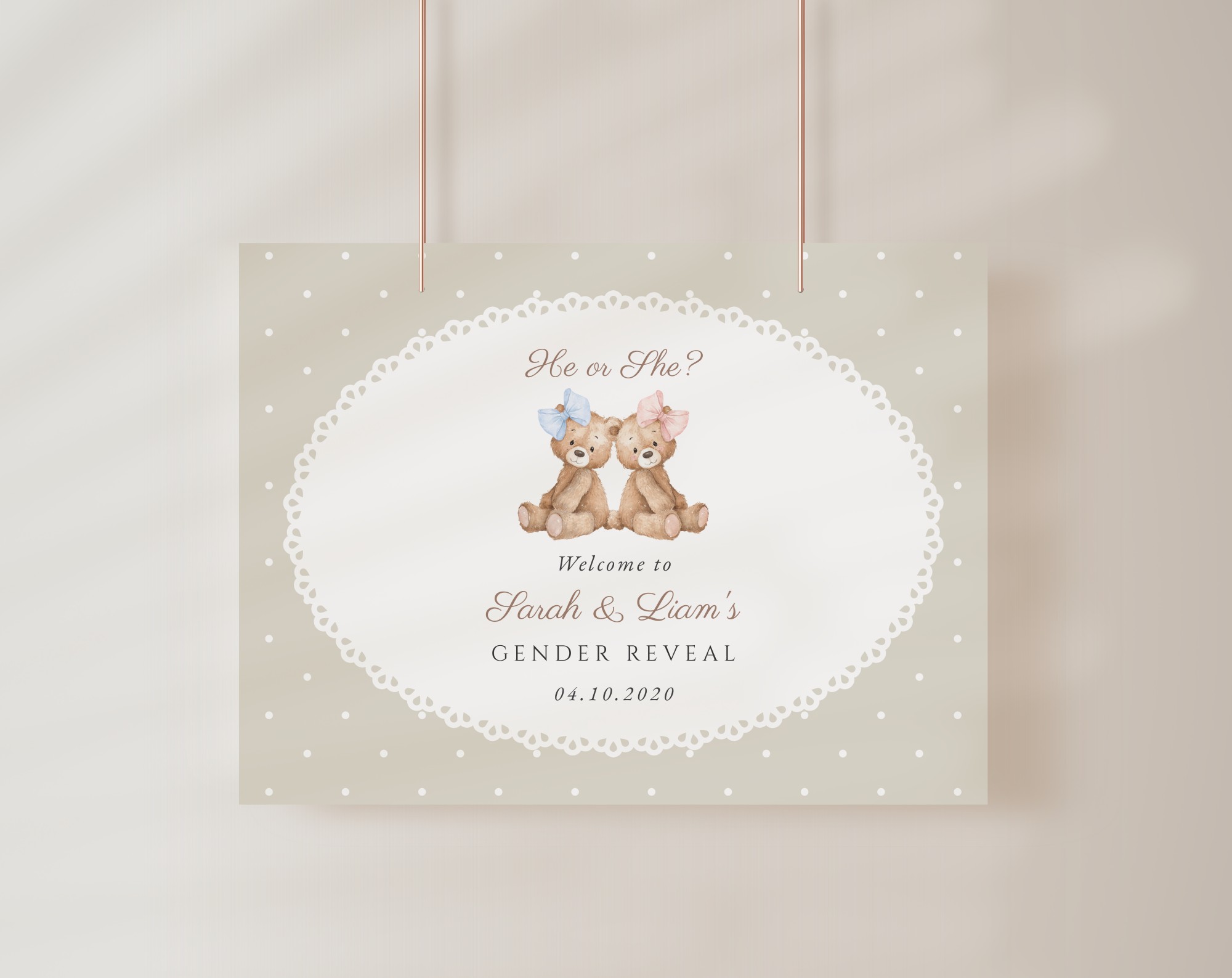 Bear and Beige Polka Dots Welcome Sign, Gender Reveal Sign, Printable File, Edit Yourself, SH225
