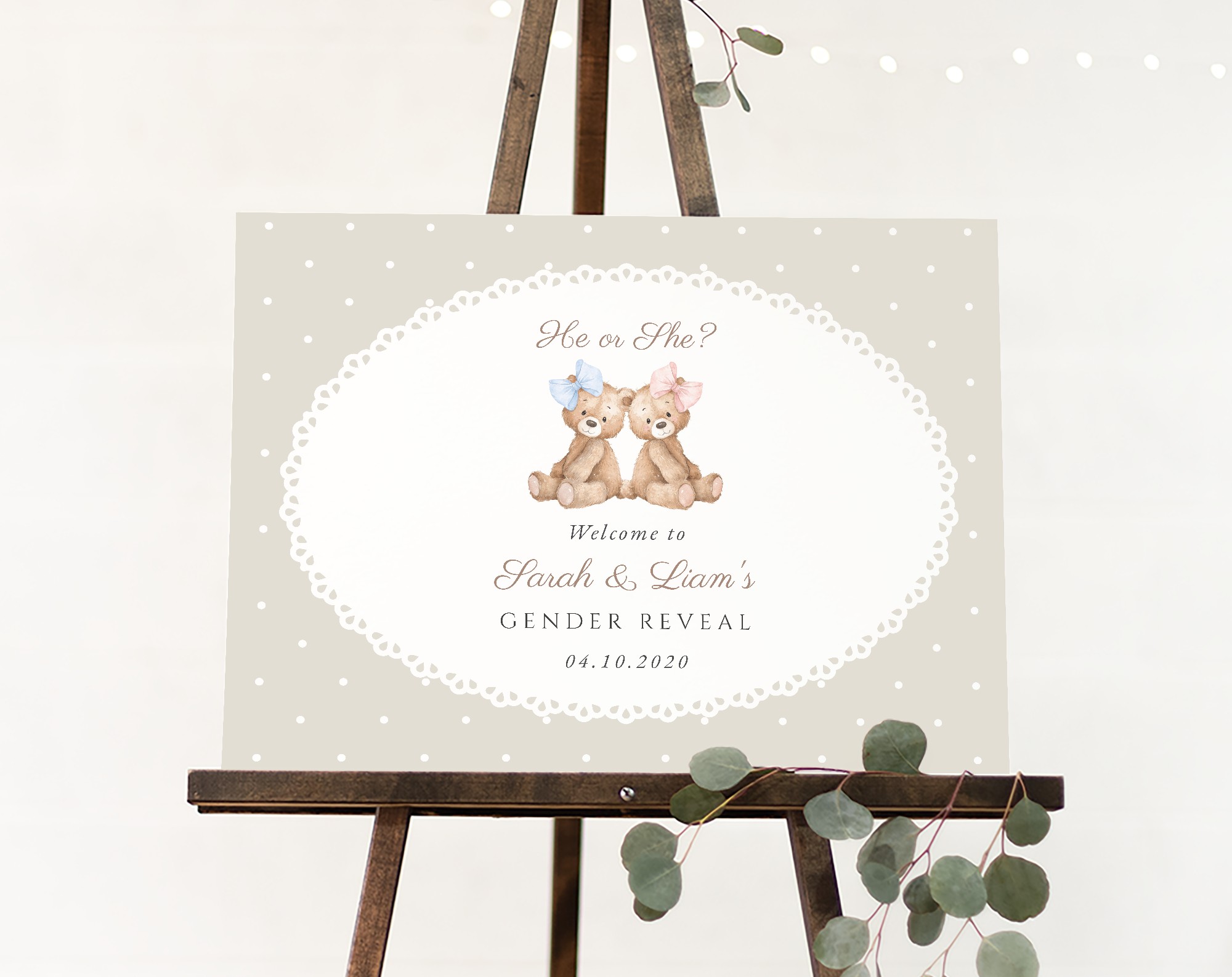 Bear and Beige Polka Dots Welcome Sign, Gender Reveal Sign, Printable File, Edit Yourself, SH225