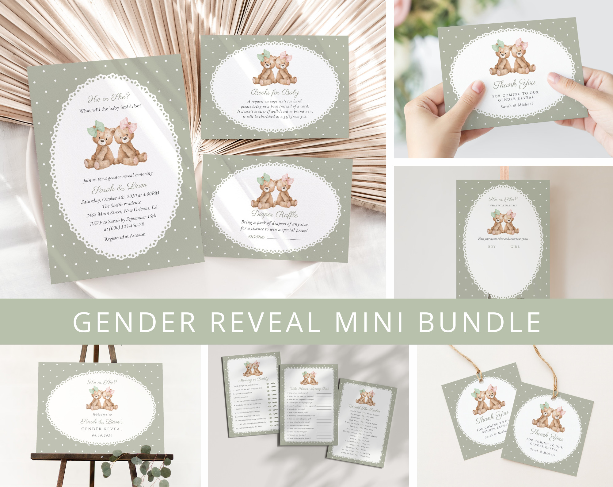 Bear and Green Polka Dots Gender Reveal Mini Bundle, Printable File, Edit Yourself, SH226