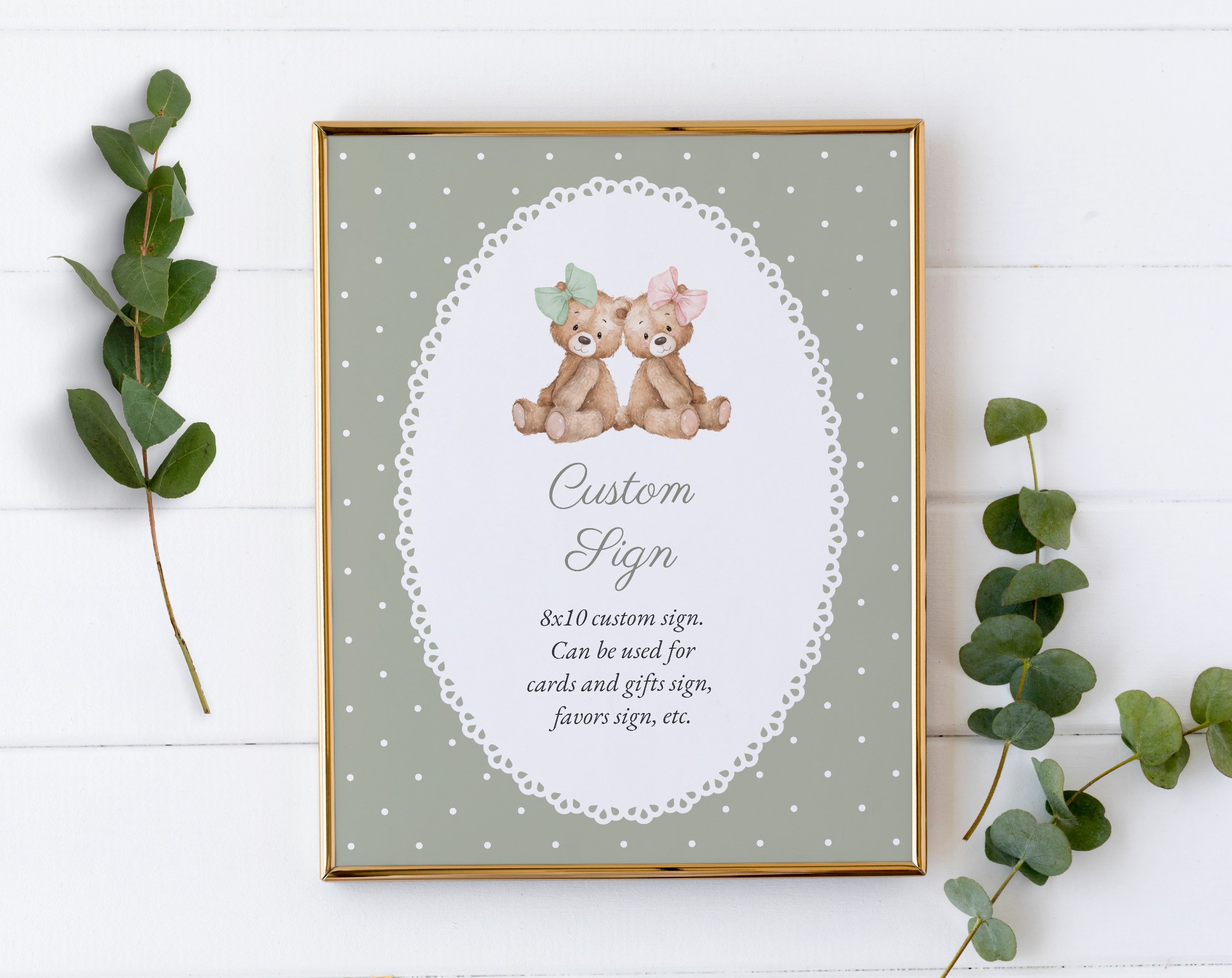 Bear and Green Polka Dots Custom Sign, Gender Reveal Sign, Printable File, Edit Yourself, SH226