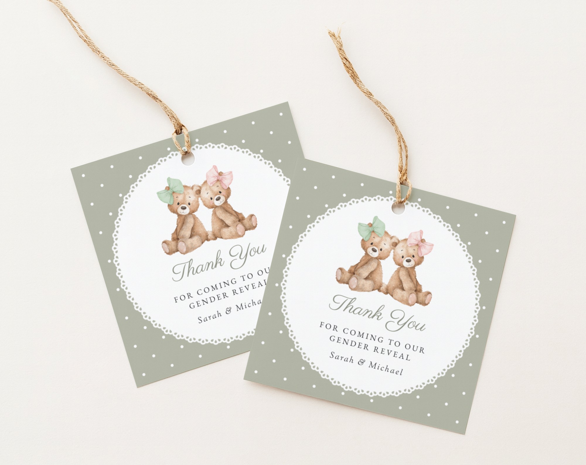 Bear and Green Polka Dots Gender Reveal Favor Tags, Gift Tags, Printable File, Edit Yourself, SH226