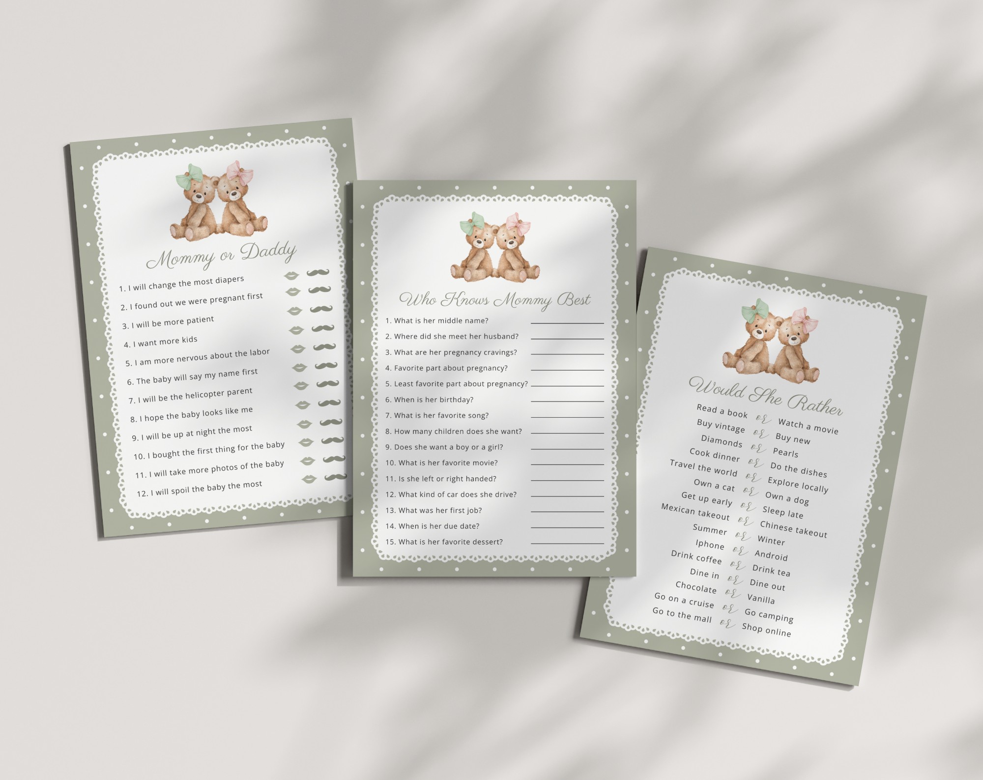 Bear and Green Polka Dots Gender Reveal Games, Set of 3 Games, Printable File, Edit Yourself, SH226