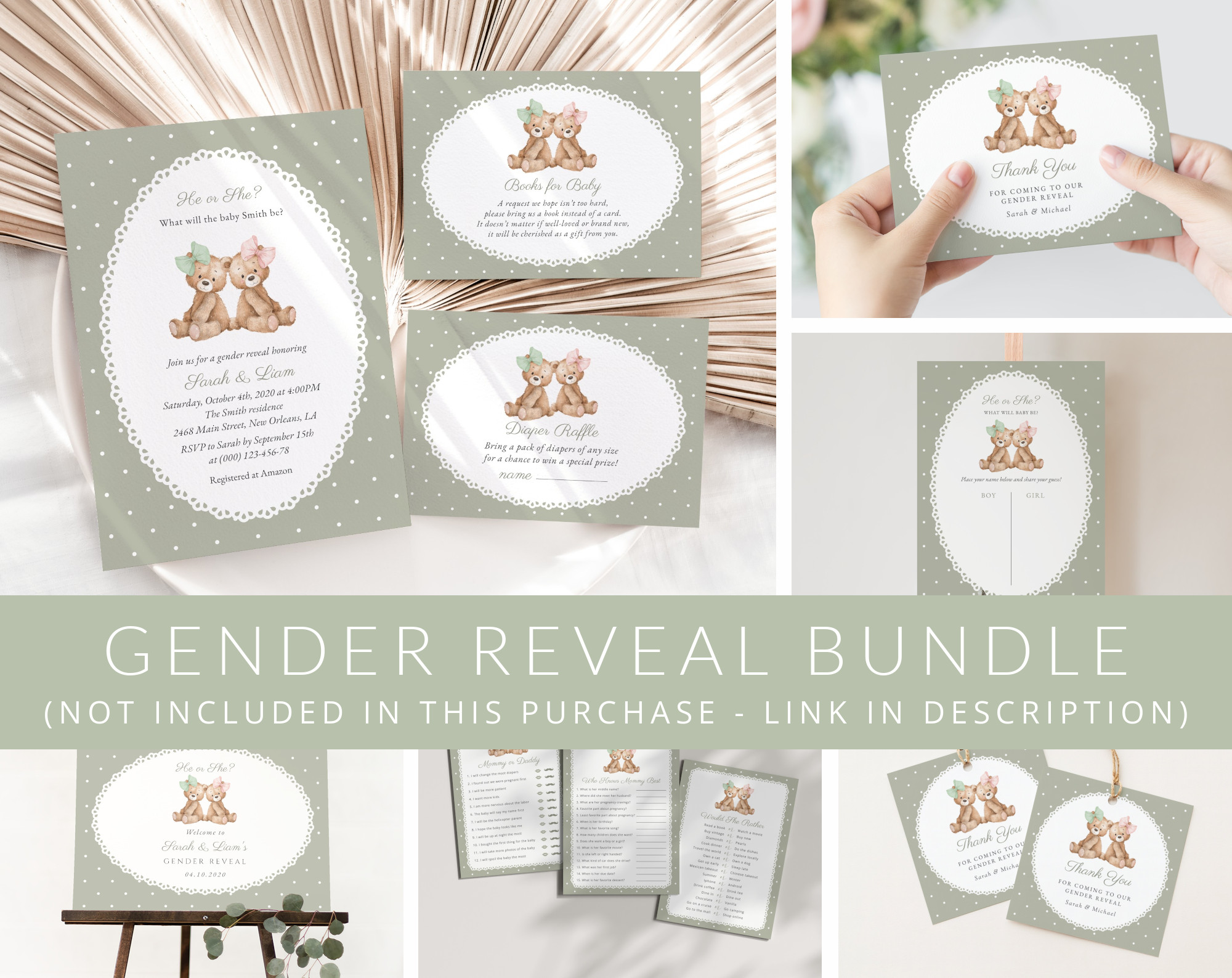 Bear and Green Polka Dots Gender Reveal Mini Bundle, Printable File, Edit Yourself, SH226 Bear and Green Polka Dots Gender Reveal Mini Bundle, Printable File, Edit Yourself, SH226