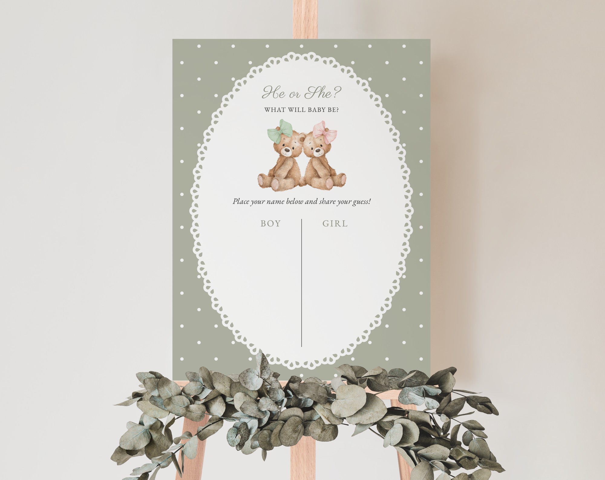 Bear and Green Polka Dots Guess the Gender, Gender Reveal Sign, Printable File, Edit Yourself, SH226