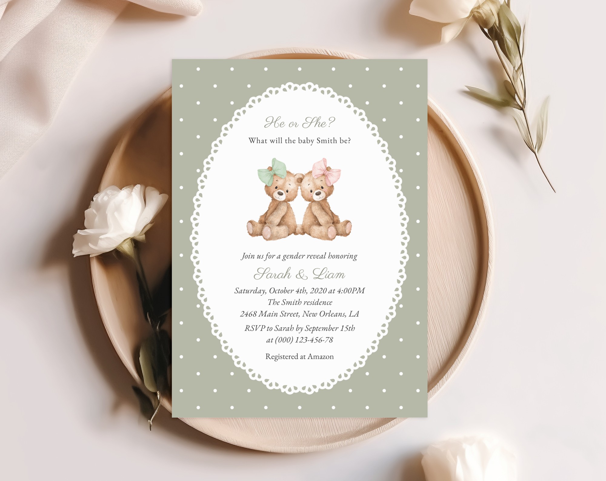 Bear and Green Polka Dots Gender Reveal Invitation, Printable File, Edit Yourself, SH226