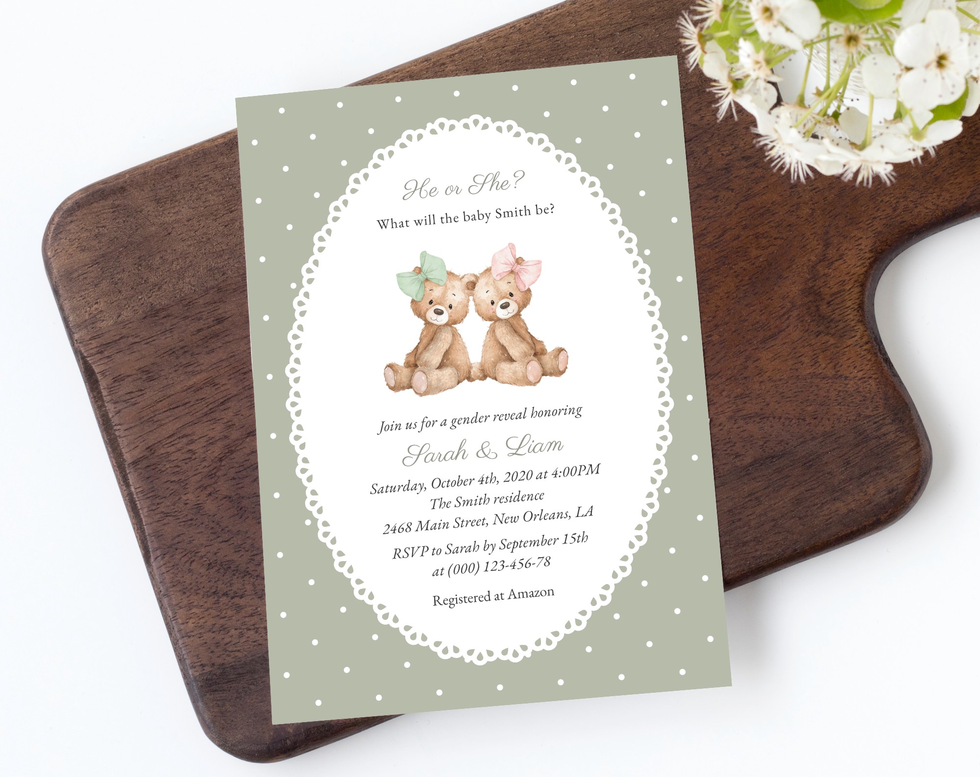 Bear and Green Polka Dots Gender Reveal Invitation, Printable File, Edit Yourself, SH226