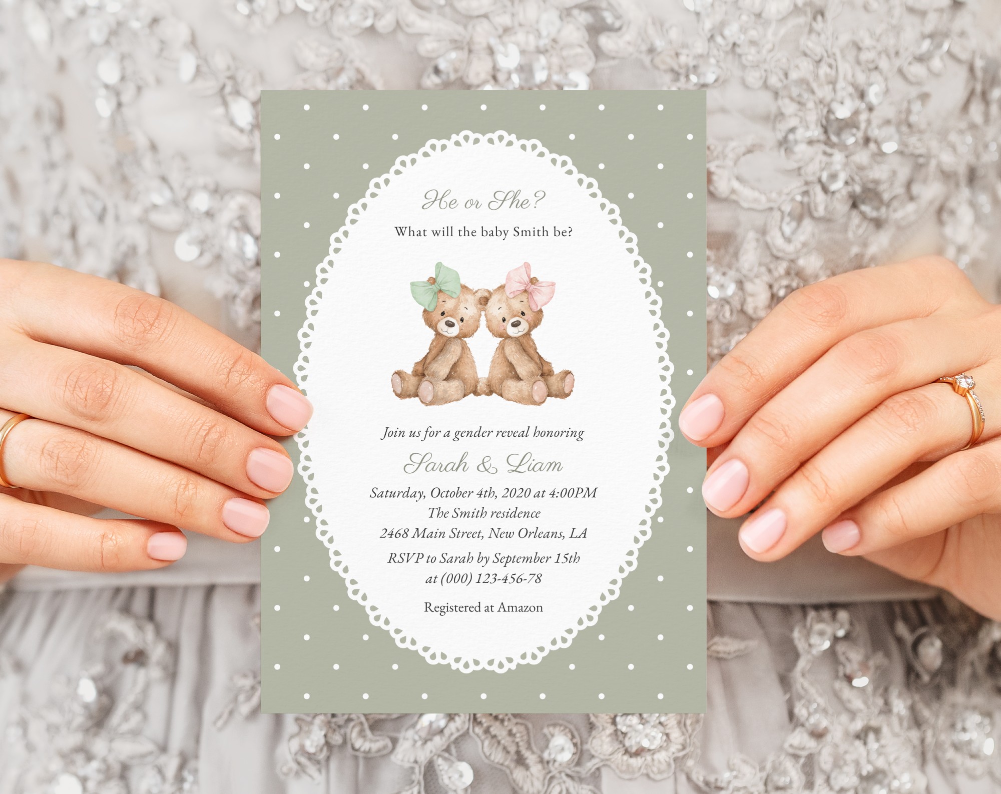 Bear and Green Polka Dots Gender Reveal Invitation, Printable File, Edit Yourself, SH226