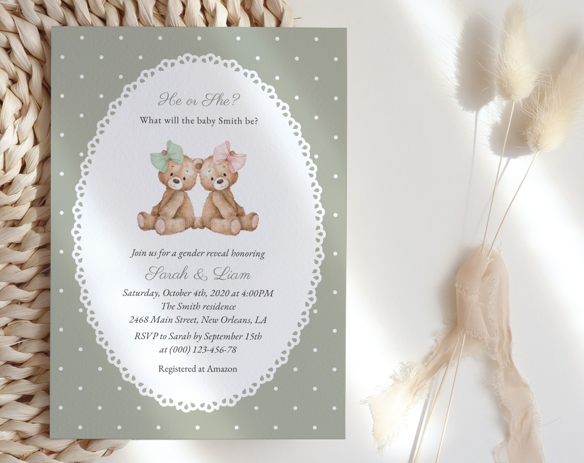 Bear and Green Polka Dots Gender Reveal Invitation, Printable File, Edit Yourself, SH226