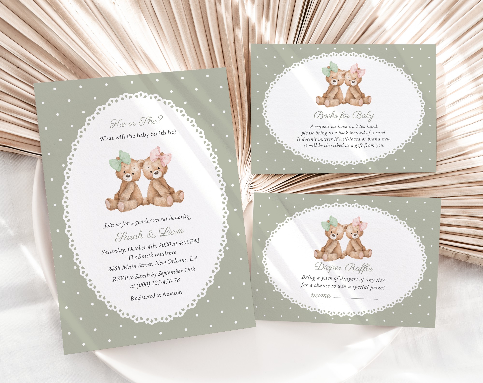 Bear and Green Polka Dots Gender Reveal Invitation Suite, Printable File, Edit Yourself, SH226