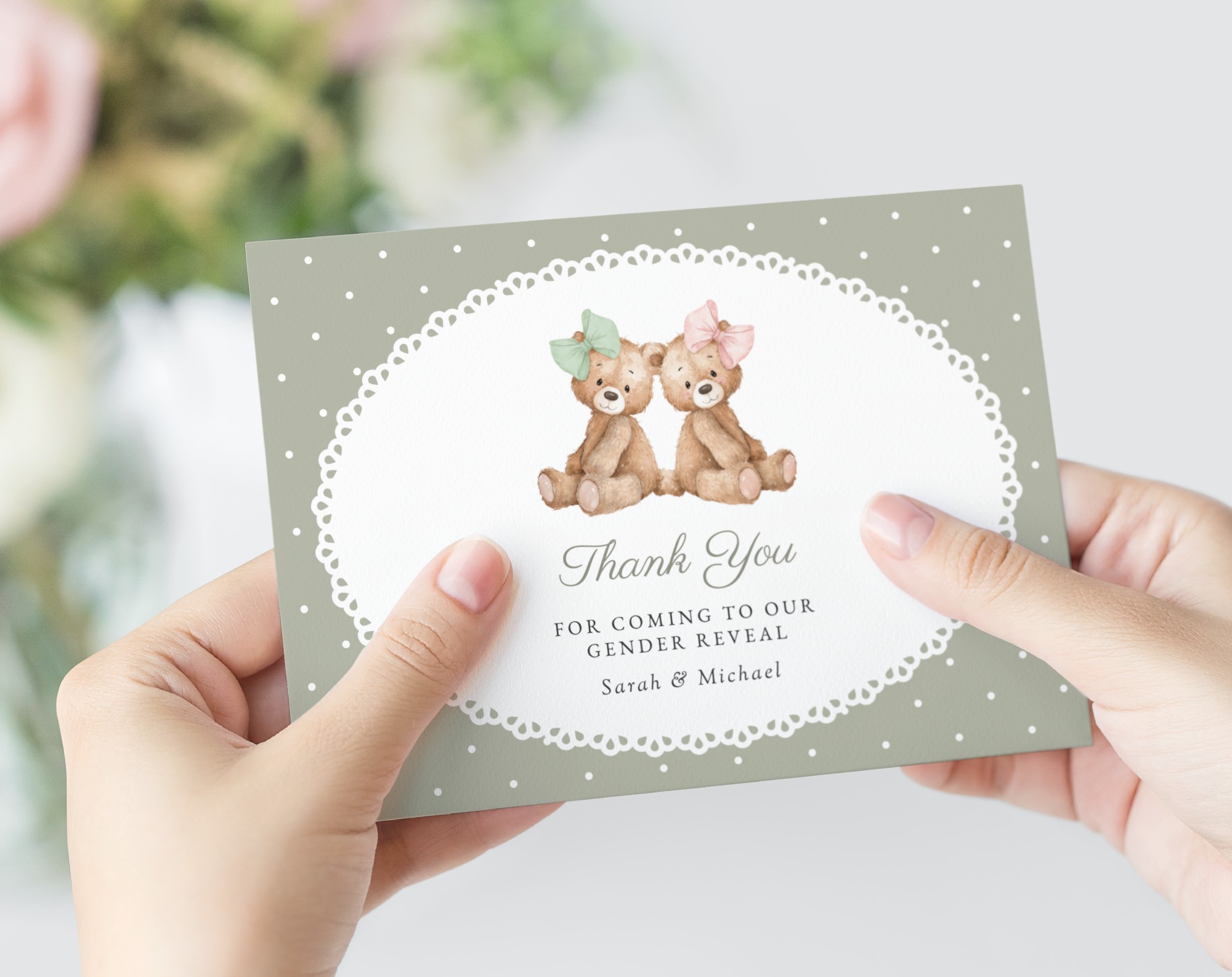 Bear and Green Polka Dots Gender Reveal Thank You Card, Printable File, Edit Yourself, SH226
