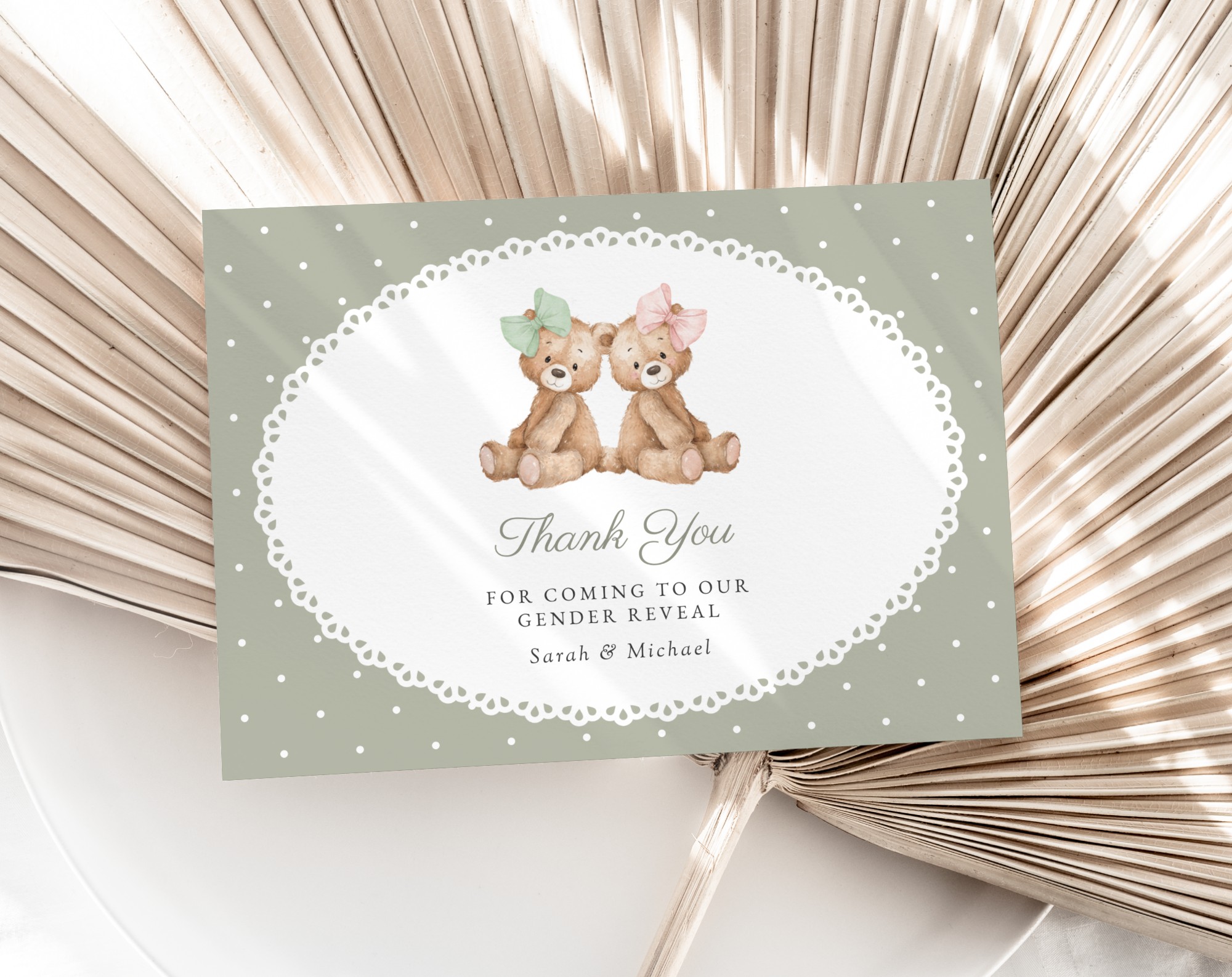 Bear and Green Polka Dots Gender Reveal Thank You Card, Printable File, Edit Yourself, SH226