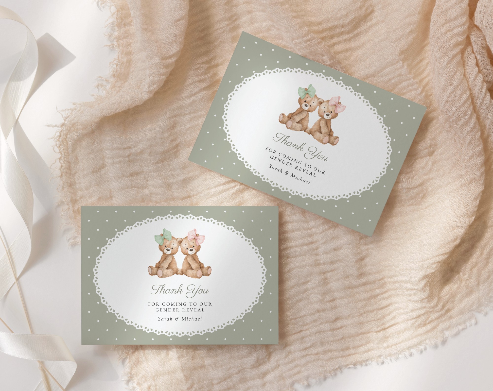 Bear and Green Polka Dots Gender Reveal Thank You Card, Printable File, Edit Yourself, SH226