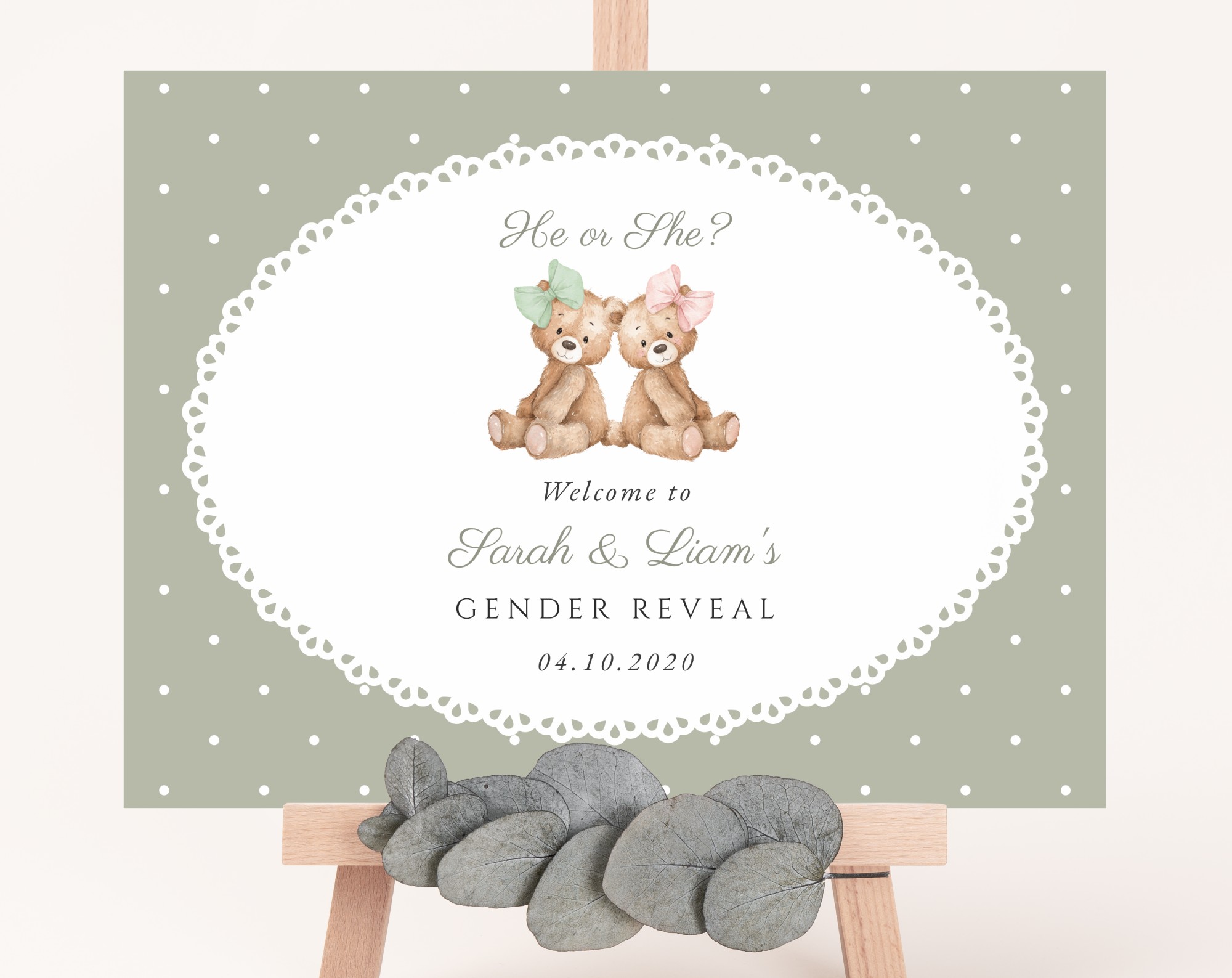 Bear and Green Polka Dots Welcome Sign, Gender Reveal Sign, Printable File, Edit Yourself, SH226