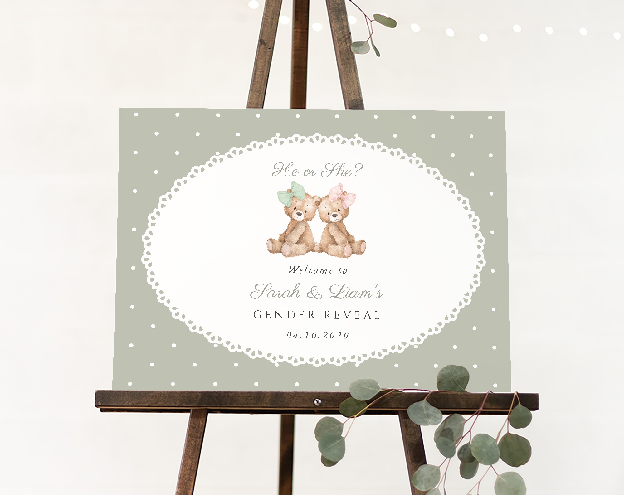 Bear and Green Polka Dots Welcome Sign, Gender Reveal Sign, Printable File, Edit Yourself, SH226 Bear and Green Polka Dots Welcome Sign, Gender Reveal Sign, Printable File, Edit Yourself, SH226