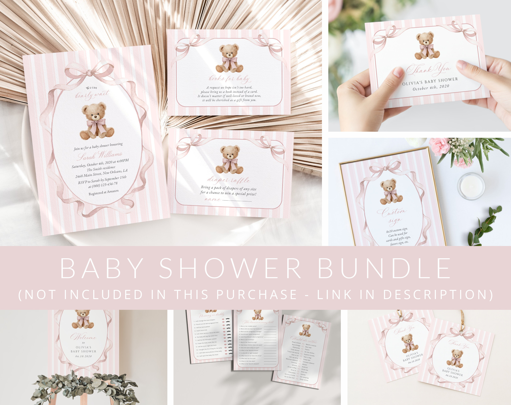 Bear and Pink Stripes Baby Shower Mini Bundle, Girl Baby Shower, Printable File, Edit Yourself, SH227 Bear and Pink Stripes Baby Shower Mini Bundle, Girl Baby Shower, Printable File, Edit Yourself, SH227