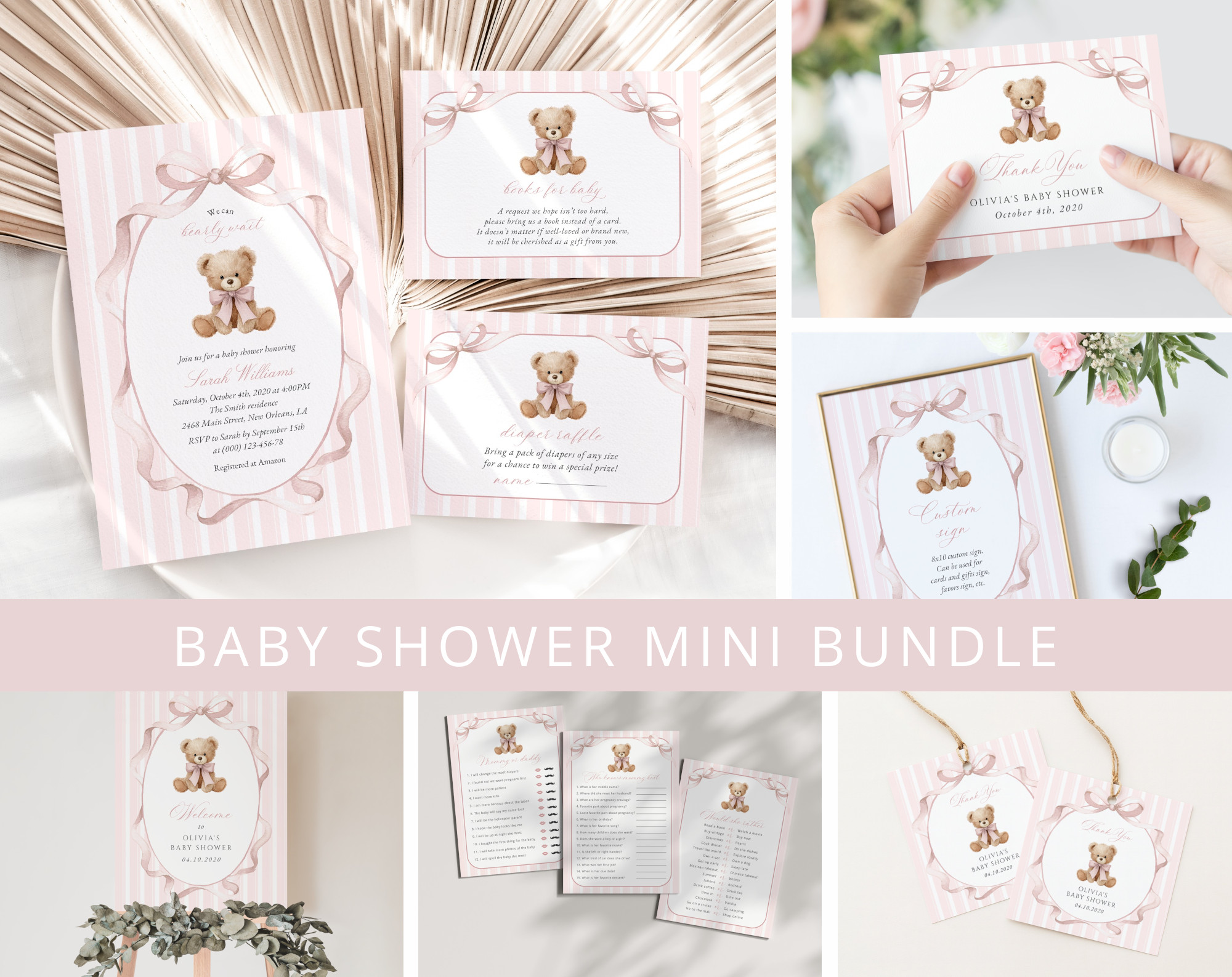 Bear and Pink Stripes Baby Shower Mini Bundle, Girl Baby Shower, Printable File, Edit Yourself, SH227 Bear and Pink Stripes Baby Shower Mini Bundle, Girl Baby Shower, Printable File, Edit Yourself, SH227