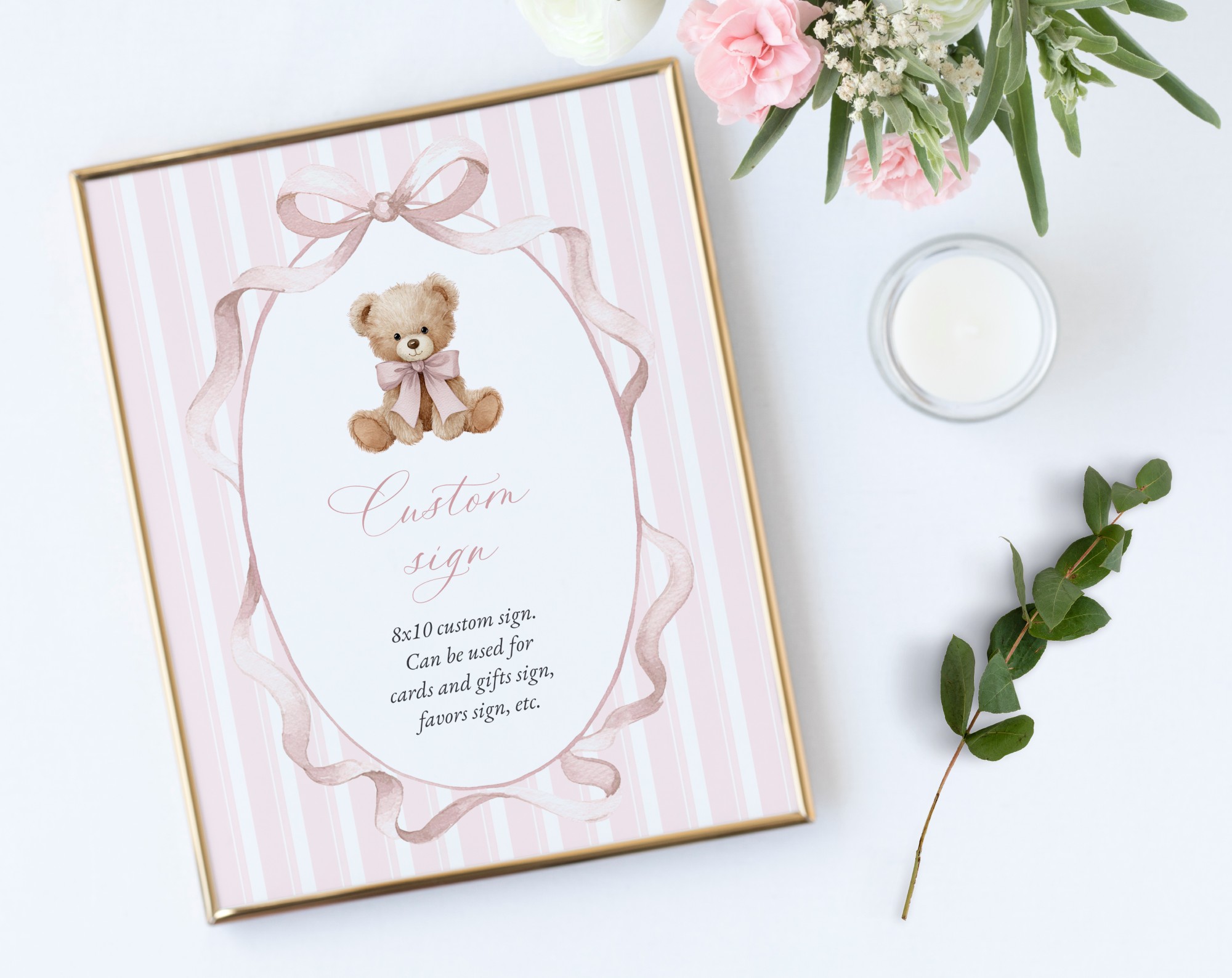 Bear and Pink Stripes Custom Sign, Printable File, Edit Yourself, SH227 SH228 Bear and Pink Stripes Custom Sign, Printable File, Edit Yourself, SH227 SH228