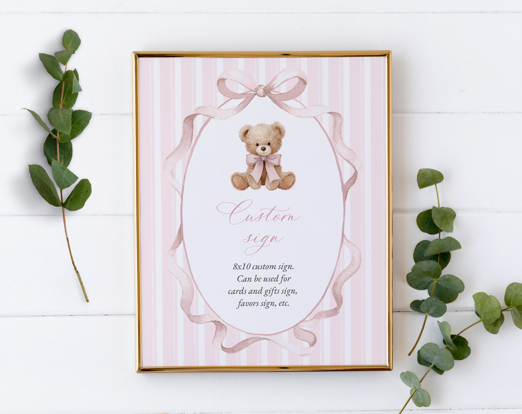 Bear and Pink Stripes Custom Sign, Printable File, Edit Yourself, SH227 SH228 Bear and Pink Stripes Custom Sign, Printable File, Edit Yourself, SH227 SH228