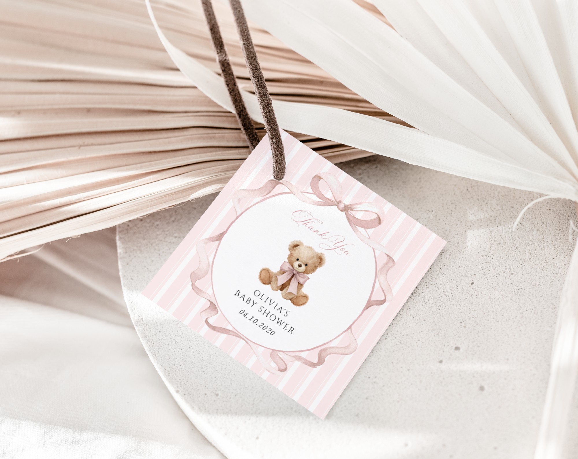 Bear and Pink Stripes Favor Tags, Gift Tags, Girl Baby Shower, Printable File, Edit Yourself, SH227