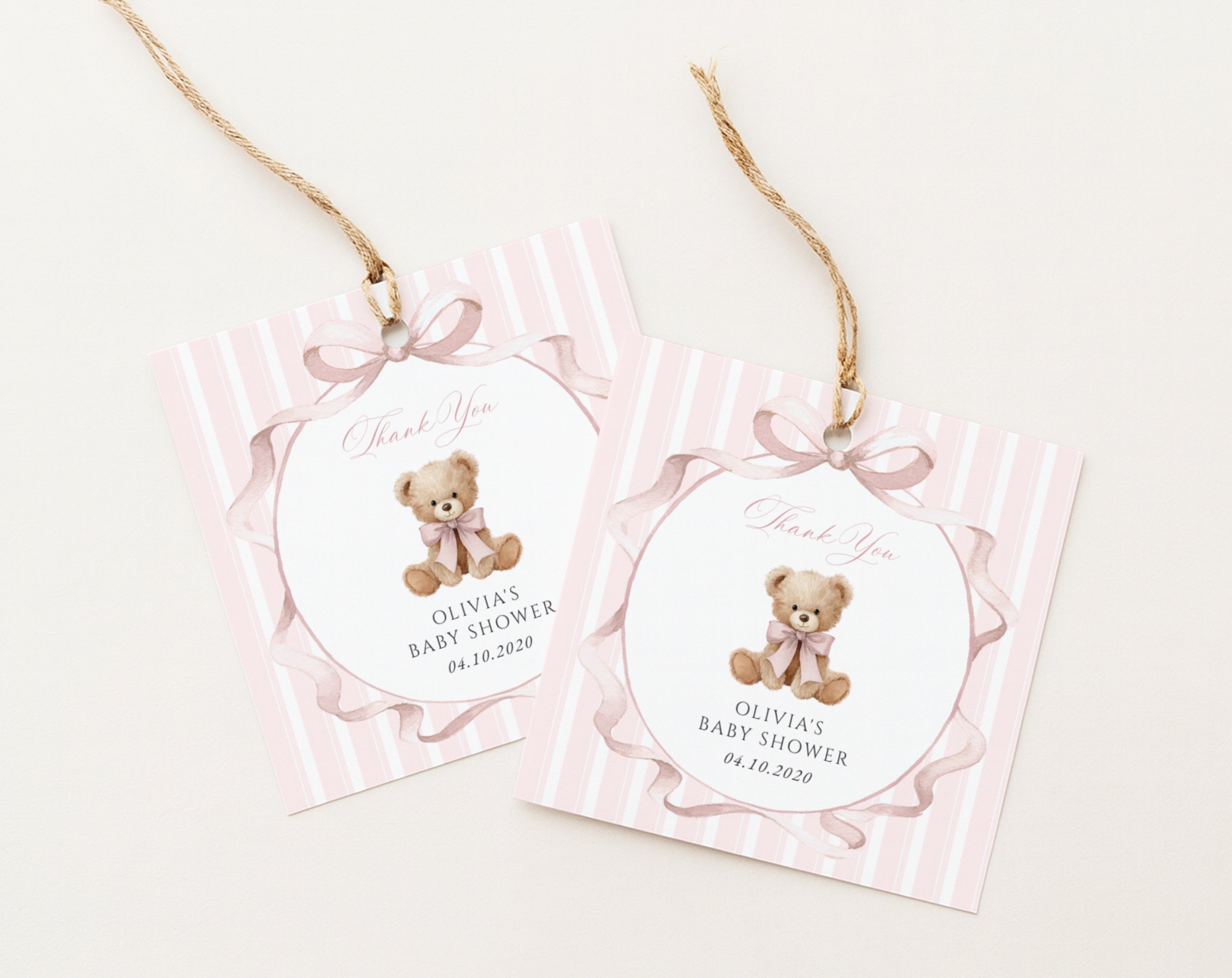 Bear and Pink Stripes Favor Tags, Gift Tags, Girl Baby Shower, Printable File, Edit Yourself, SH227