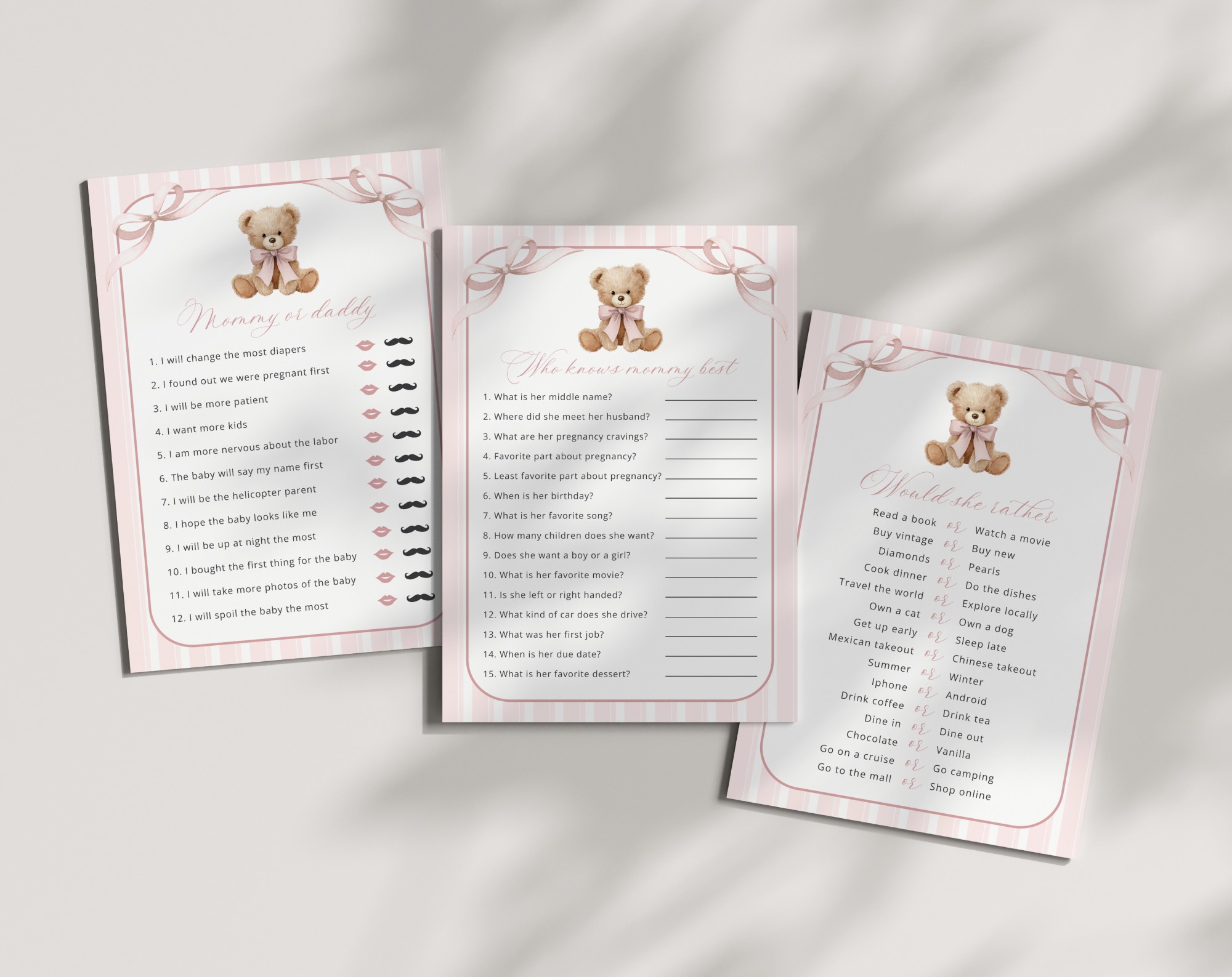 Bear and Pink Stripes Baby Shower Games, Set of 3 Games, Girl Baby Shower, Printable File, Edit Yourself, SH227 Bear and Pink Stripes Baby Shower Games, Set of 3 Games, Girl Baby Shower, Printable File, Edit Yourself, SH227