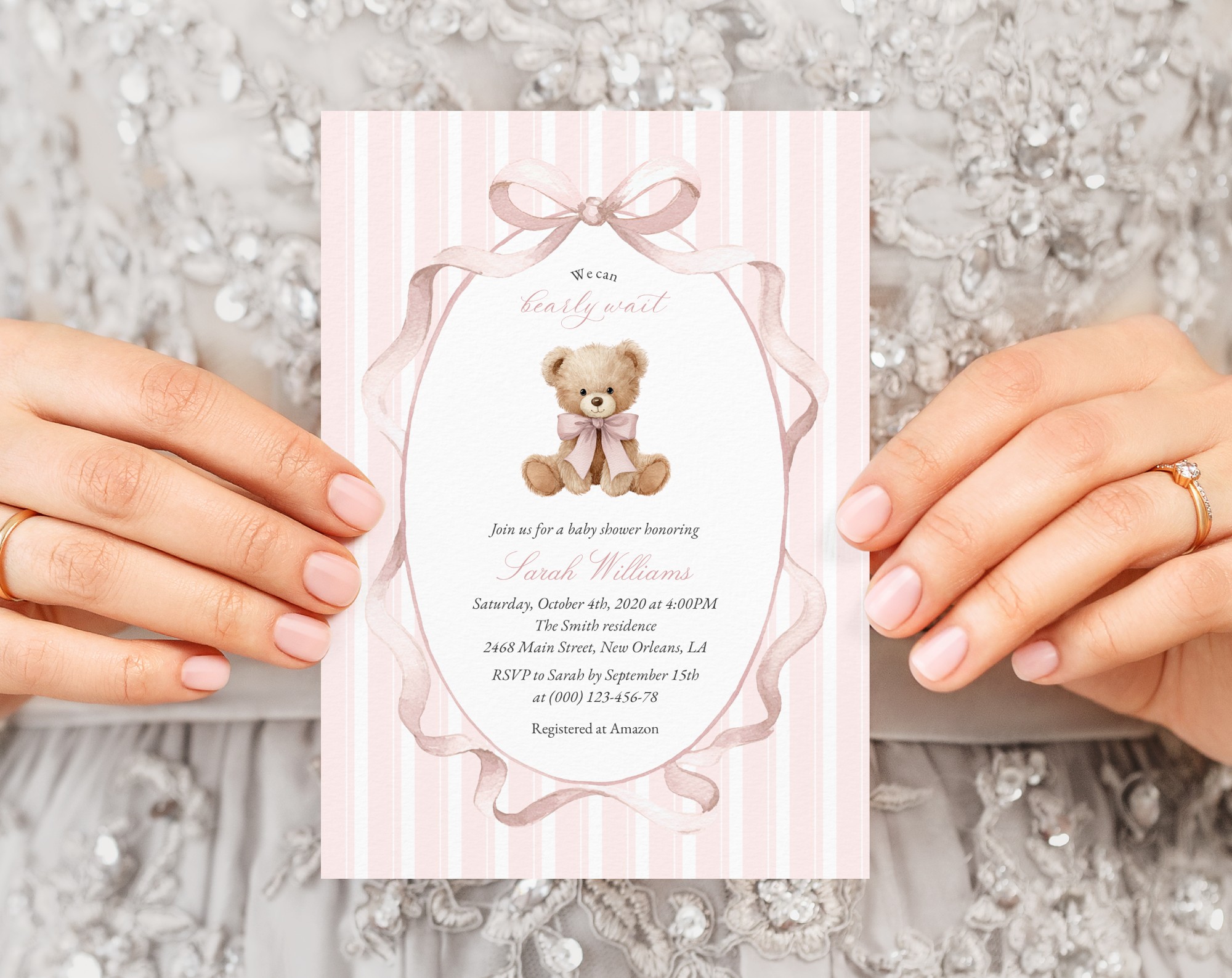 Bear and Pink Stripes Baby Shower Invitation, Girl Baby Shower, Printable File, Edit Yourself, SH227 Bear and Pink Stripes Baby Shower Invitation, Girl Baby Shower, Printable File, Edit Yourself, SH227