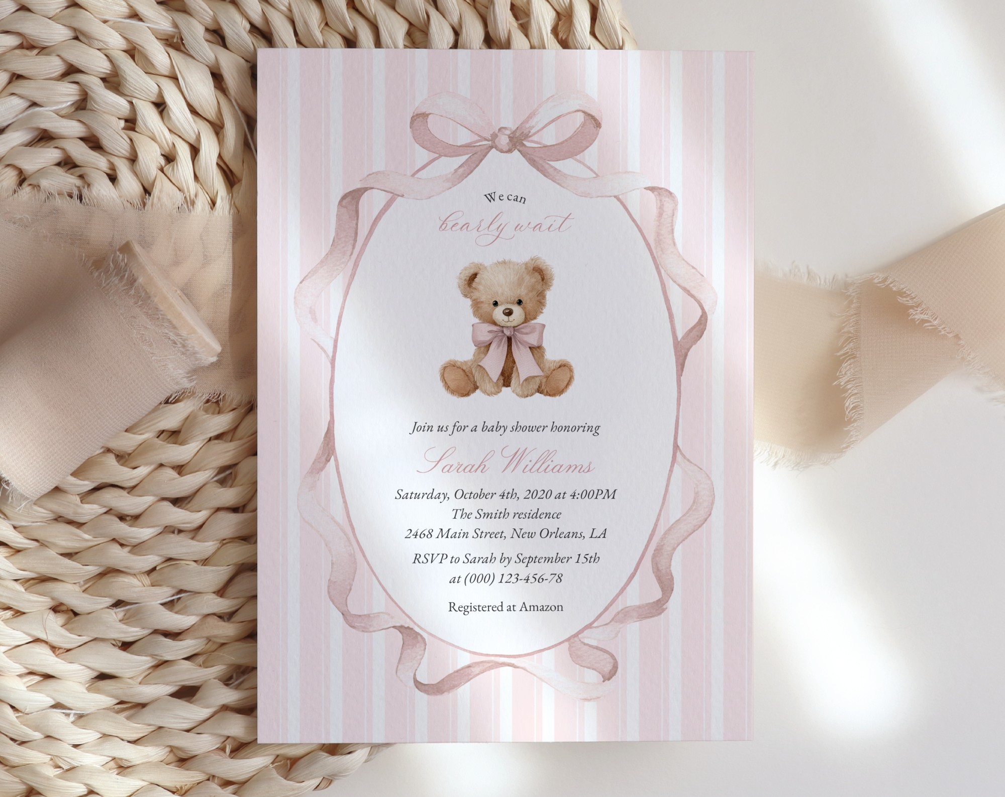Bear and Pink Stripes Baby Shower Invitation, Girl Baby Shower, Printable File, Edit Yourself, SH227 Bear and Pink Stripes Baby Shower Invitation, Girl Baby Shower, Printable File, Edit Yourself, SH227