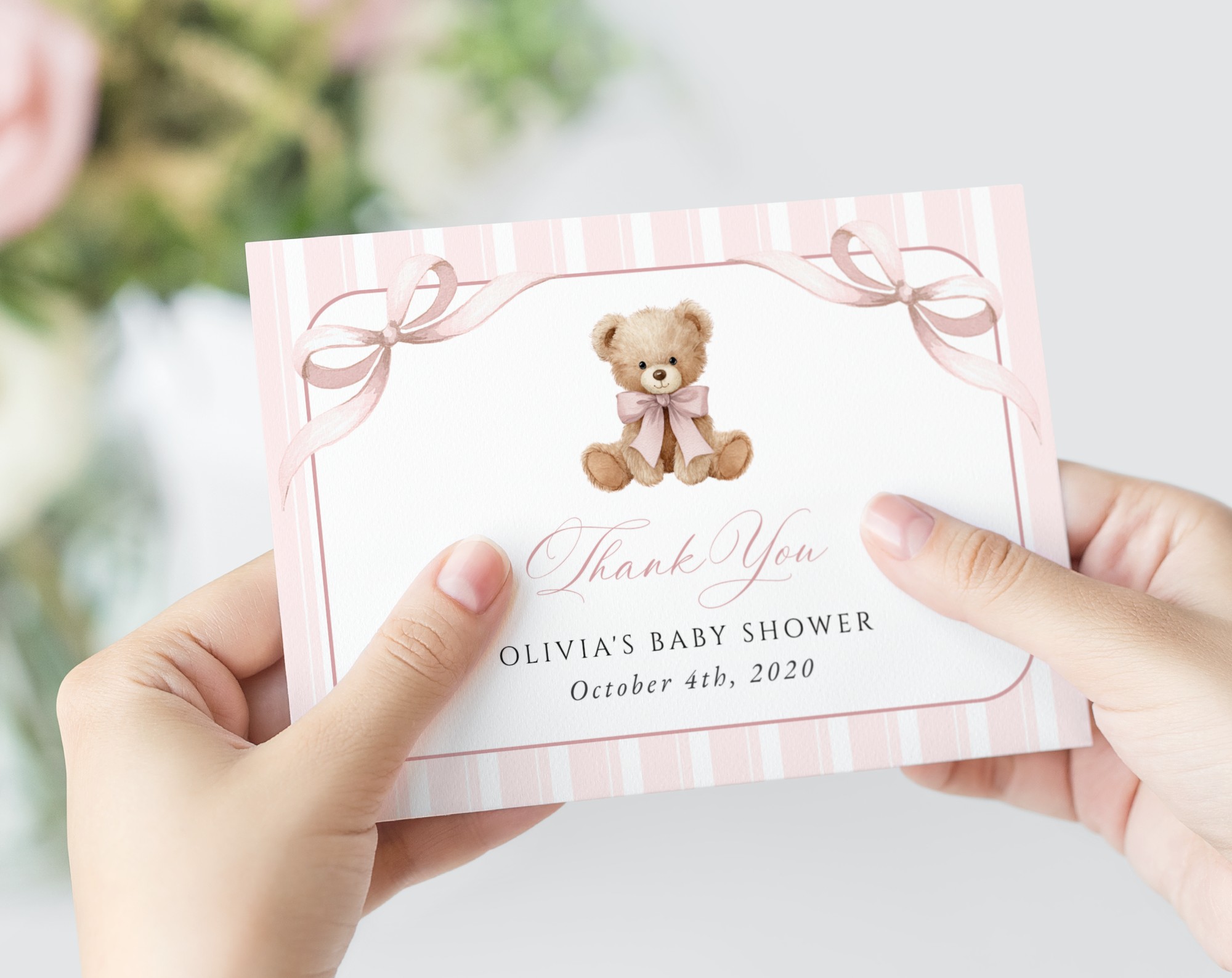Bear and Pink Stripes Thank You Card, Girl Baby Shower, Printable File, Edit Yourself, SH227 Bear and Pink Stripes Thank You Card, Girl Baby Shower, Printable File, Edit Yourself, SH227
