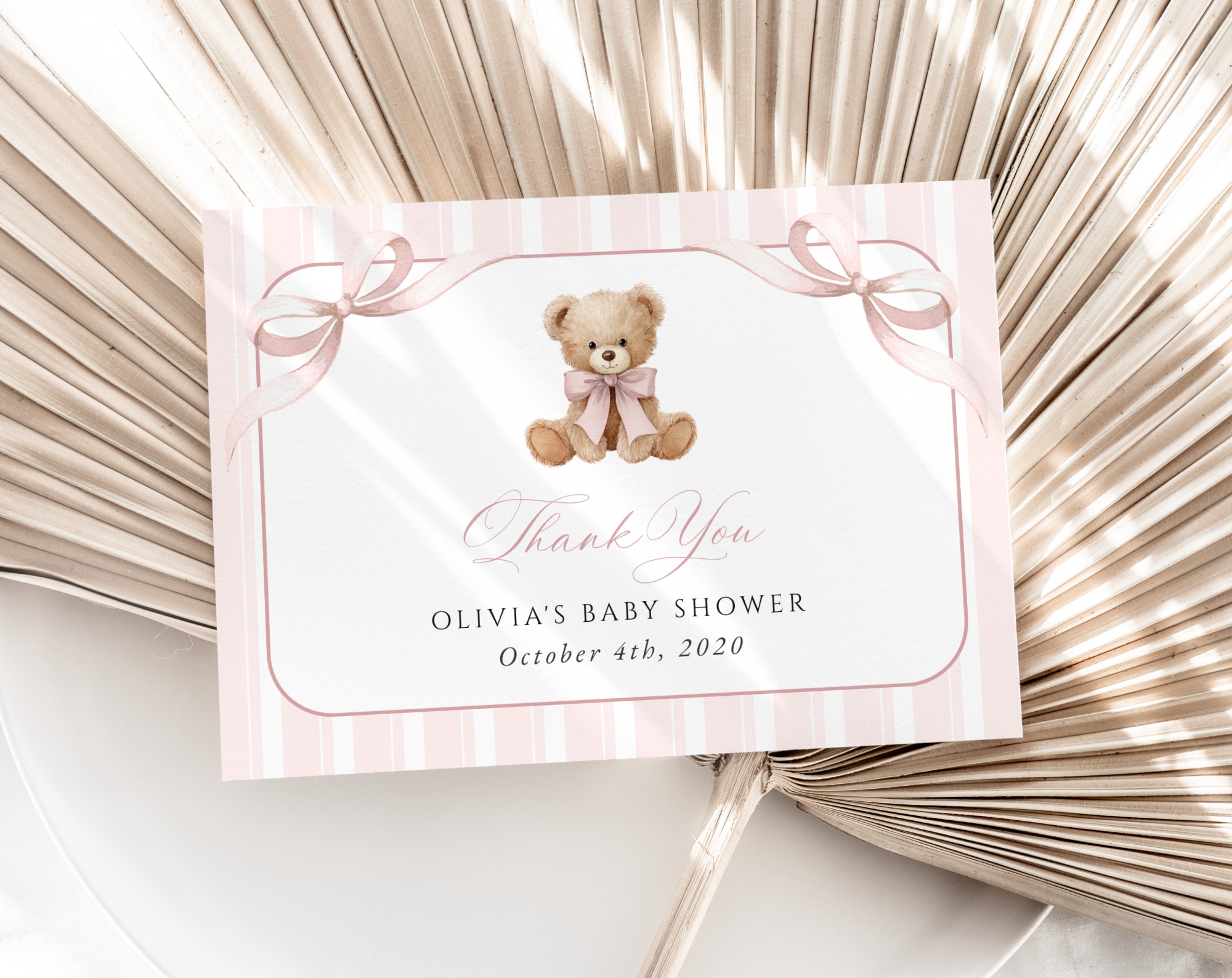 Bear and Pink Stripes Thank You Card, Girl Baby Shower, Printable File, Edit Yourself, SH227 Bear and Pink Stripes Thank You Card, Girl Baby Shower, Printable File, Edit Yourself, SH227