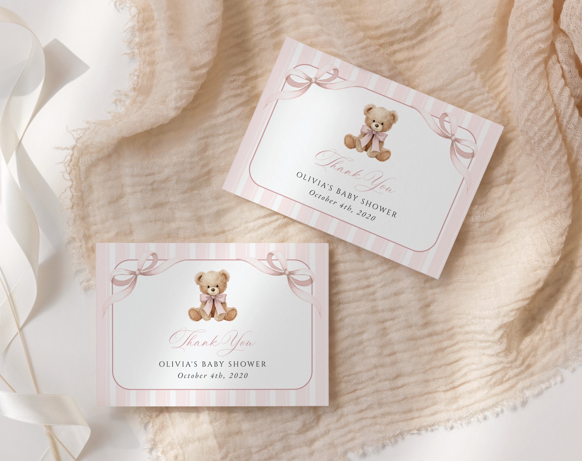 Bear and Pink Stripes Thank You Card, Girl Baby Shower, Printable File, Edit Yourself, SH227 Bear and Pink Stripes Thank You Card, Girl Baby Shower, Printable File, Edit Yourself, SH227