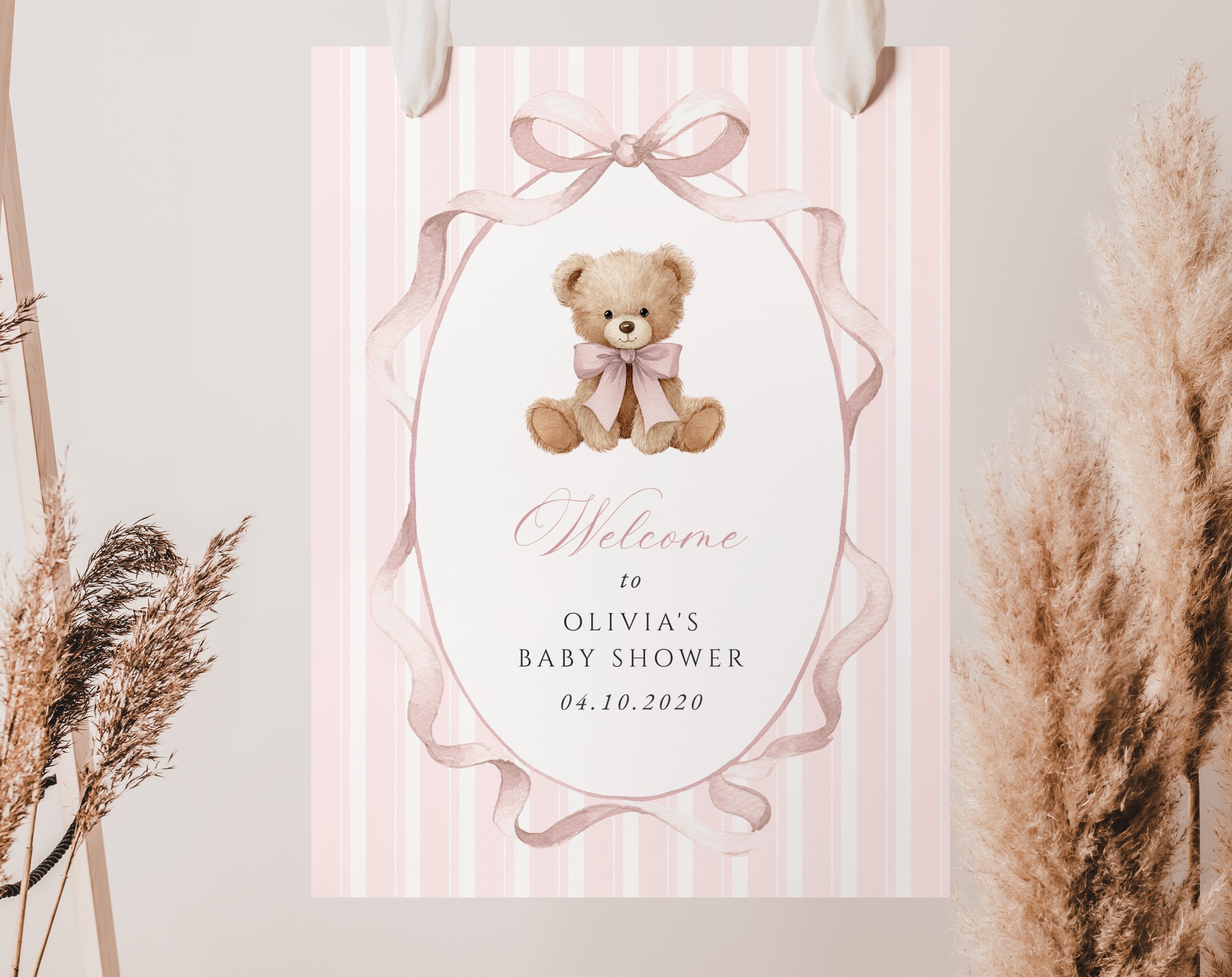 Bear and Pink Stripes Welcome Sign, Baby Shower Sign, Girl Baby Shower, Printable File, Edit Yourself, SH227 Bear and Pink Stripes Welcome Sign, Baby Shower Sign, Girl Baby Shower, Printable File, Edit Yourself, SH227