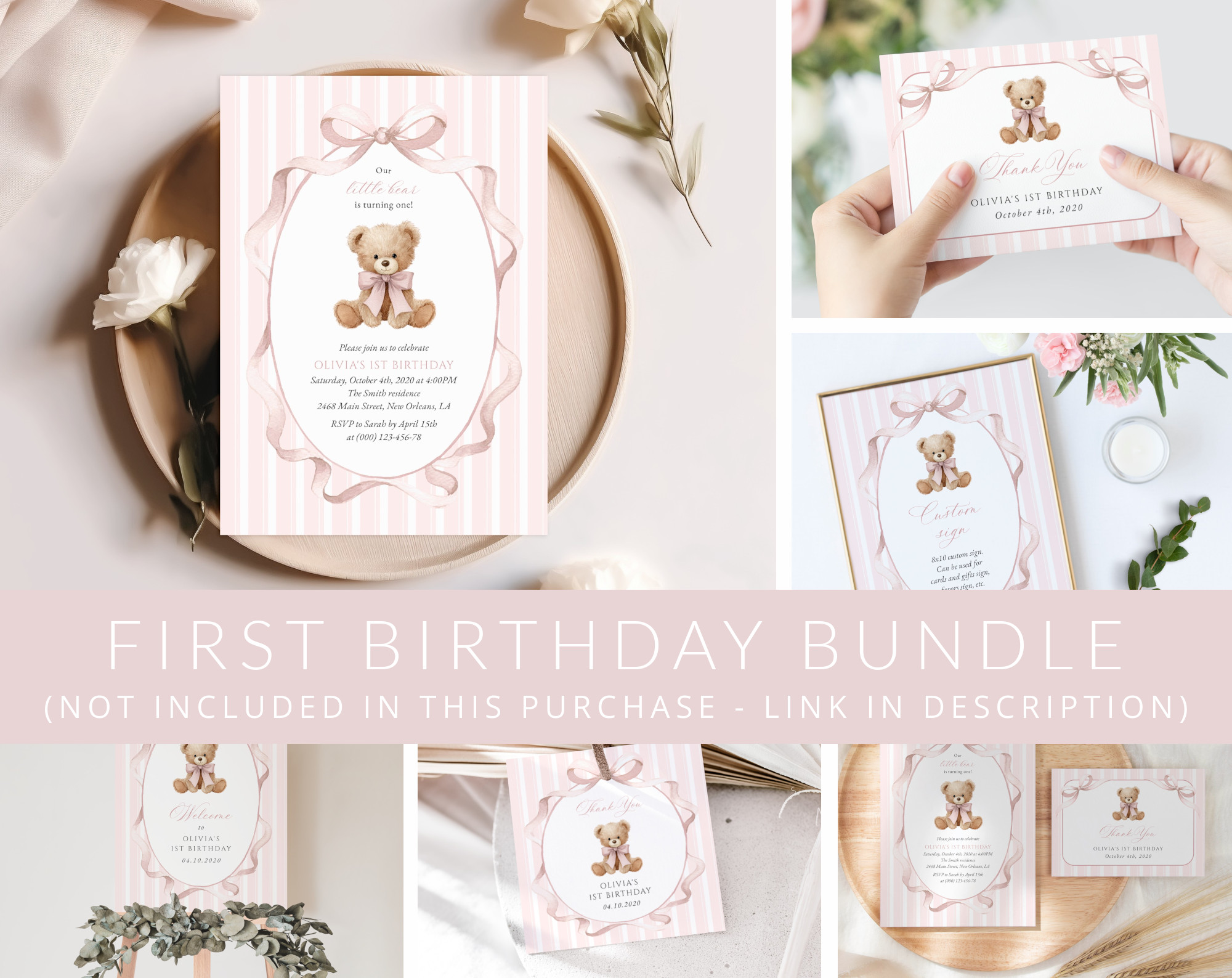 Bear and Pink Stripes First Birthday Mini Bundle, Girl Birthday, Printable File, Edit Yourself, SH228 Bear and Pink Stripes First Birthday Mini Bundle, Girl Birthday, Printable File, Edit Yourself, SH228