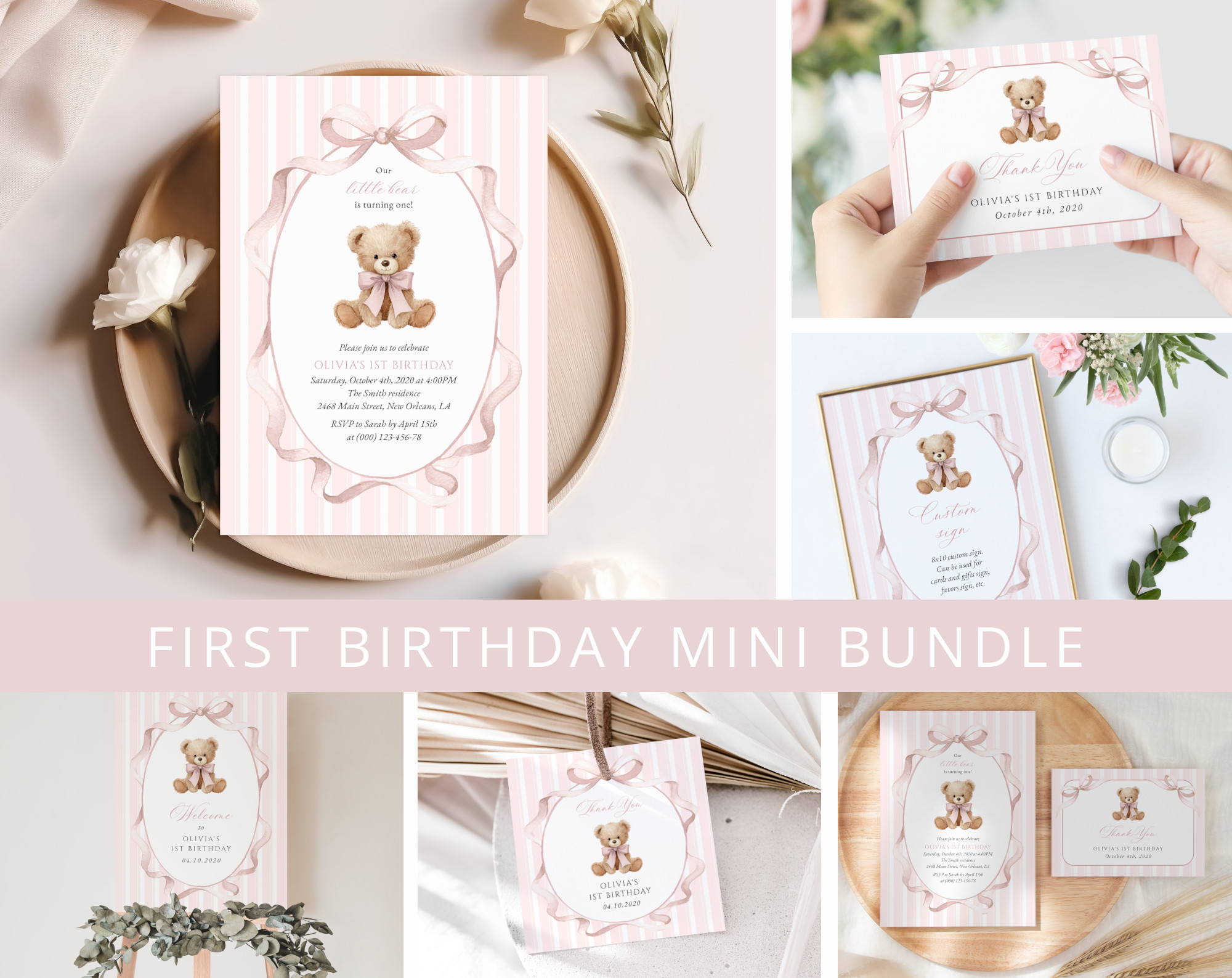 Bear and Pink Stripes First Birthday Mini Bundle, Girl Birthday, Printable File, Edit Yourself, SH228 Bear and Pink Stripes First Birthday Mini Bundle, Girl Birthday, Printable File, Edit Yourself, SH228