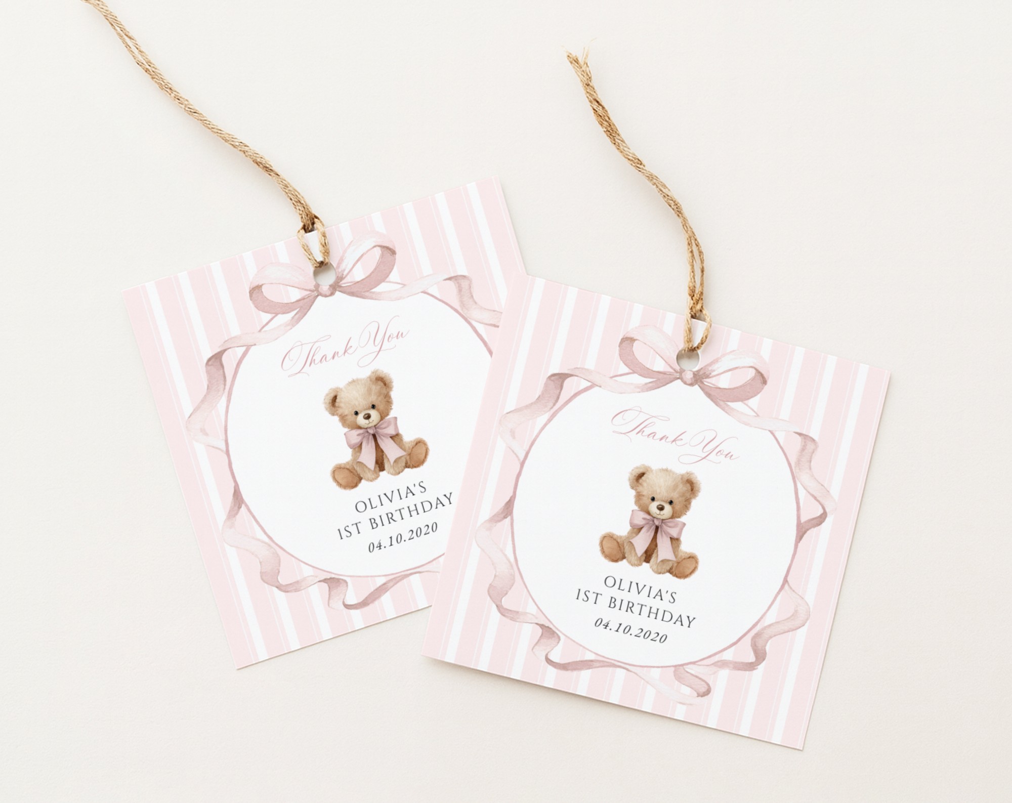 Bear and Pink Stripes Favor Tags, First Birthday, Girl Birthday, Printable File, Edit Yourself, SH228 Bear and Pink Stripes Favor Tags, First Birthday, Girl Birthday, Printable File, Edit Yourself, SH228