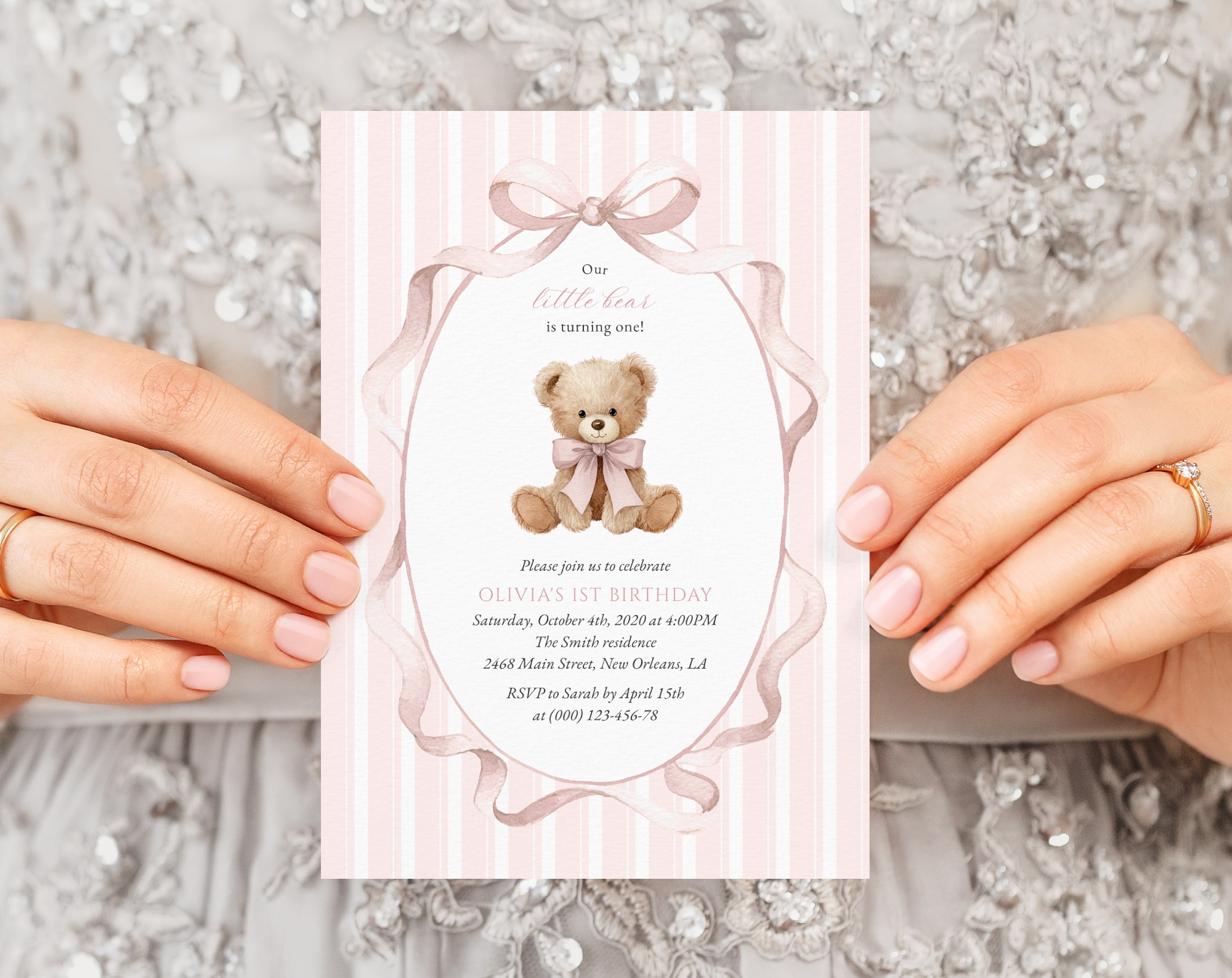 Bear and Pink Stripes First Birthday Invitation, Birthday Stationery, Girl Birthday, Printable File, Edit Yourself, SH228