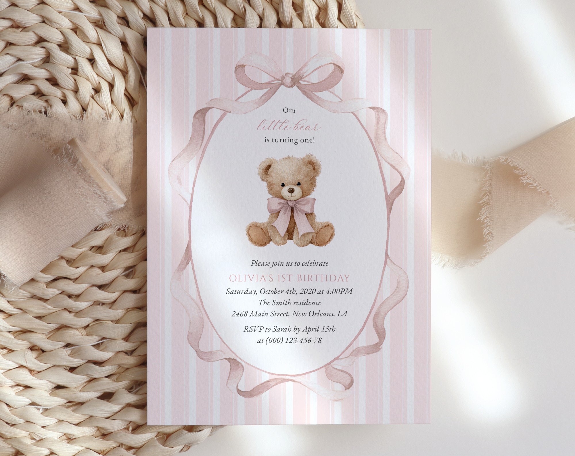 Bear and Pink Stripes First Birthday Invitation, Birthday Stationery, Girl Birthday, Printable File, Edit Yourself, SH228
