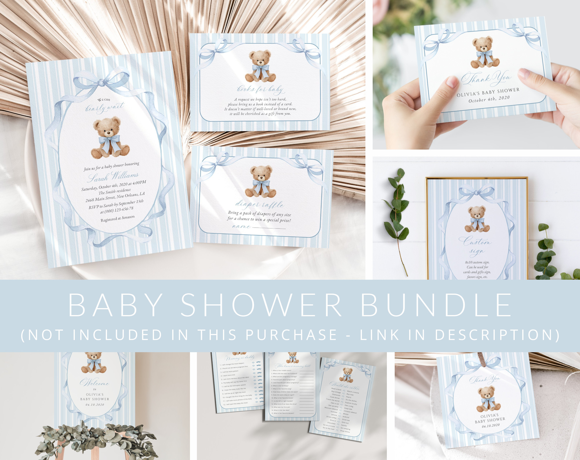 Bear and Blue Stripes Baby Shower Mini Bundle, Boy Baby Shower, Printable File, Edit Yourself, SH229