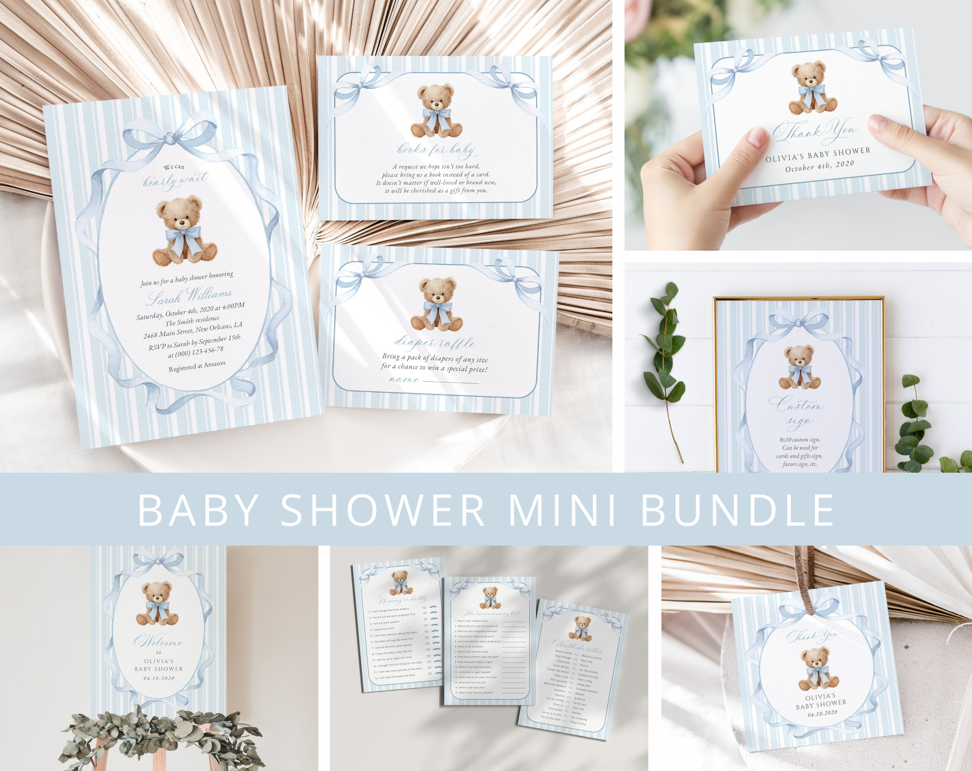 Bear and Blue Stripes Baby Shower Mini Bundle, Boy Baby Shower, Printable File, Edit Yourself, SH229