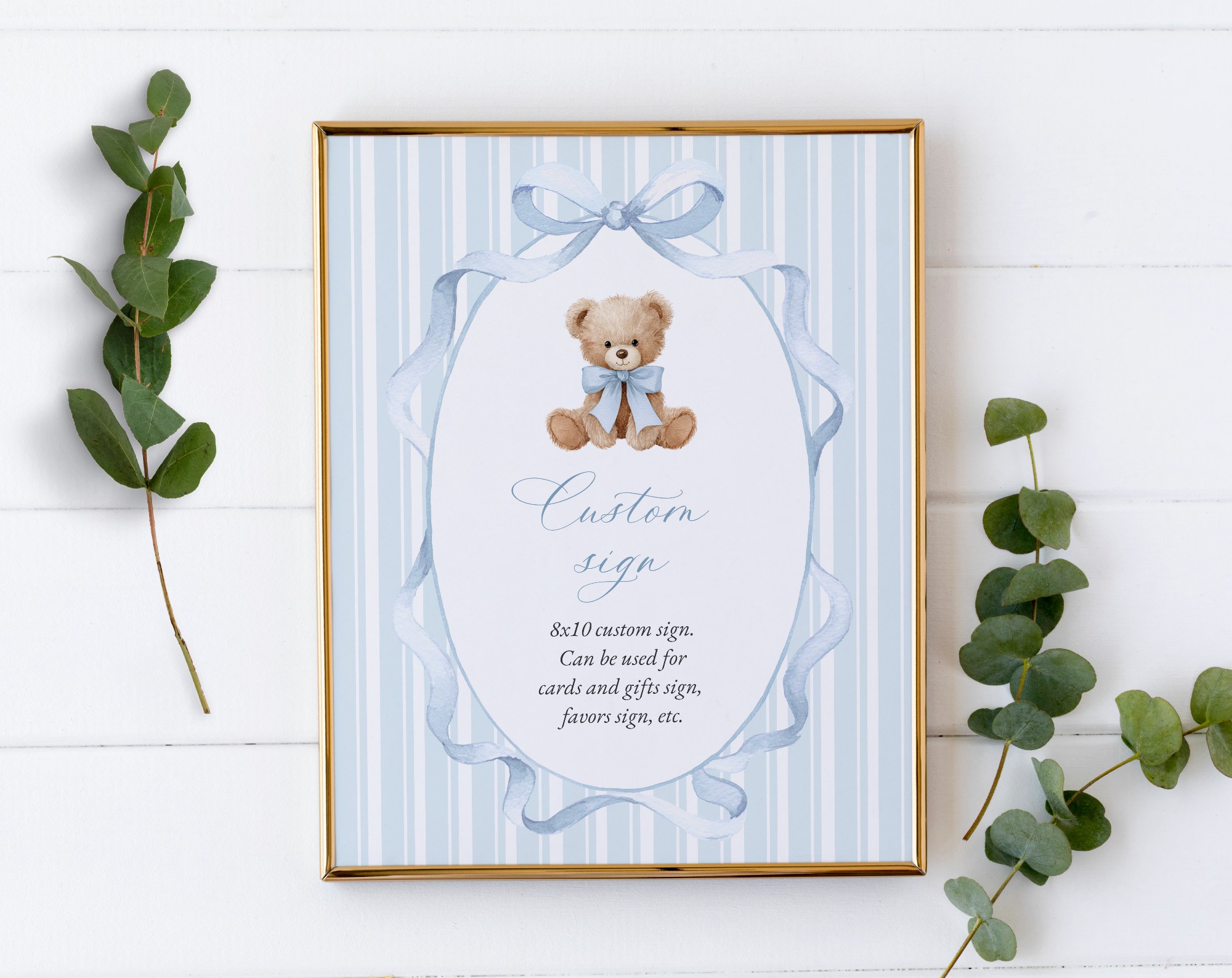 Bear and Blue Stripes Custom Sign, Printable File, Edit Yourself, SH229 SH230