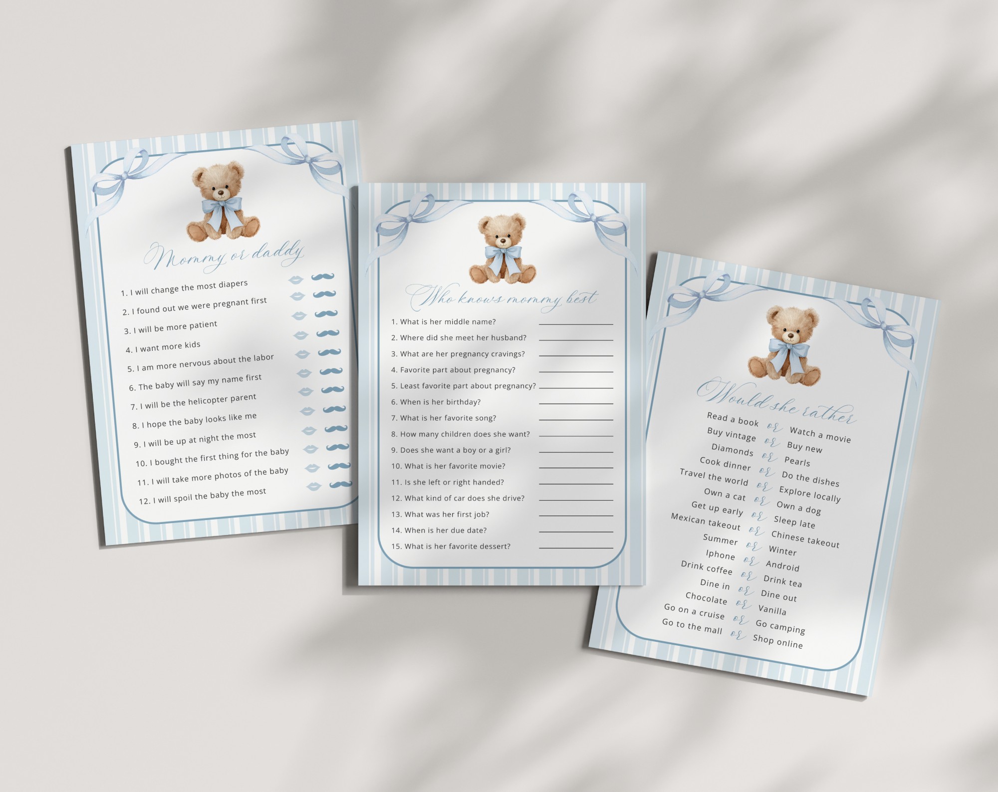 Bear and Blue Stripes Baby Shower Games, Set of 3 Games, Boy Baby Shower, Printable File, Edit Yourself, SH229