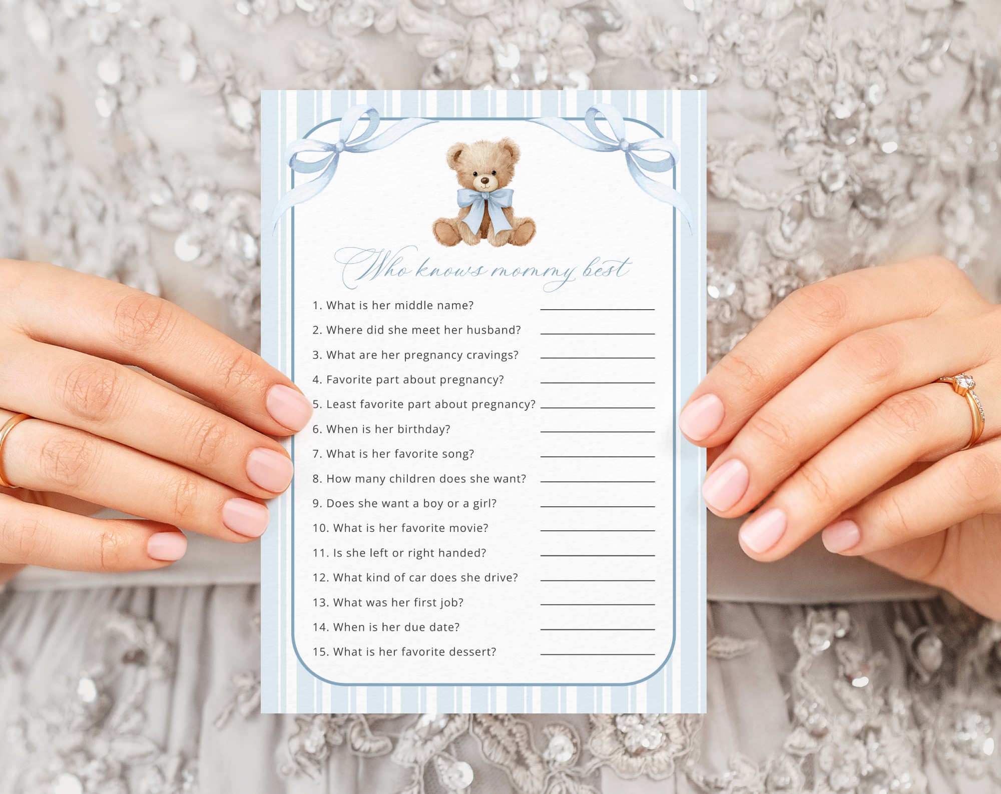 Bear and Blue Stripes Baby Shower Games, Set of 3 Games, Boy Baby Shower, Printable File, Edit Yourself, SH229