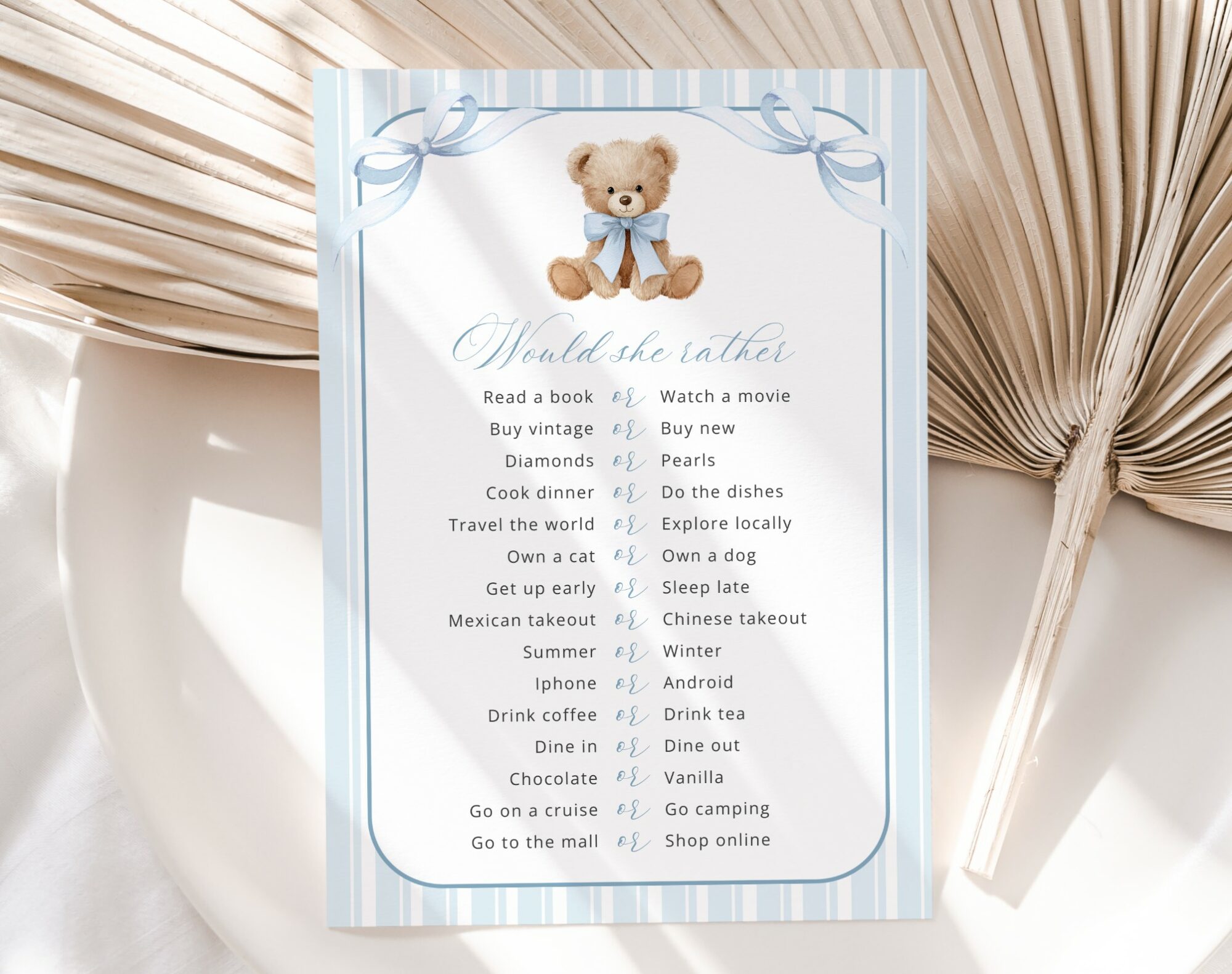 Bear and Blue Stripes Baby Shower Games, Set of 3 Games, Boy Baby Shower, Printable File, Edit Yourself, SH229