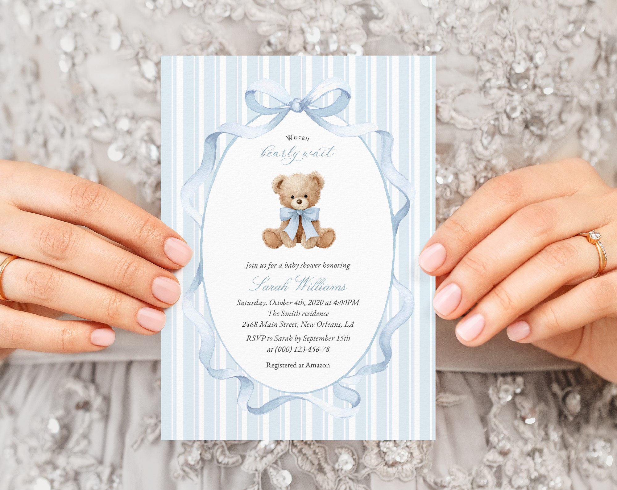 Bear and Blue Stripes Baby Shower Invitation, Boy Baby Shower, Printable File, Edit Yourself, SH229