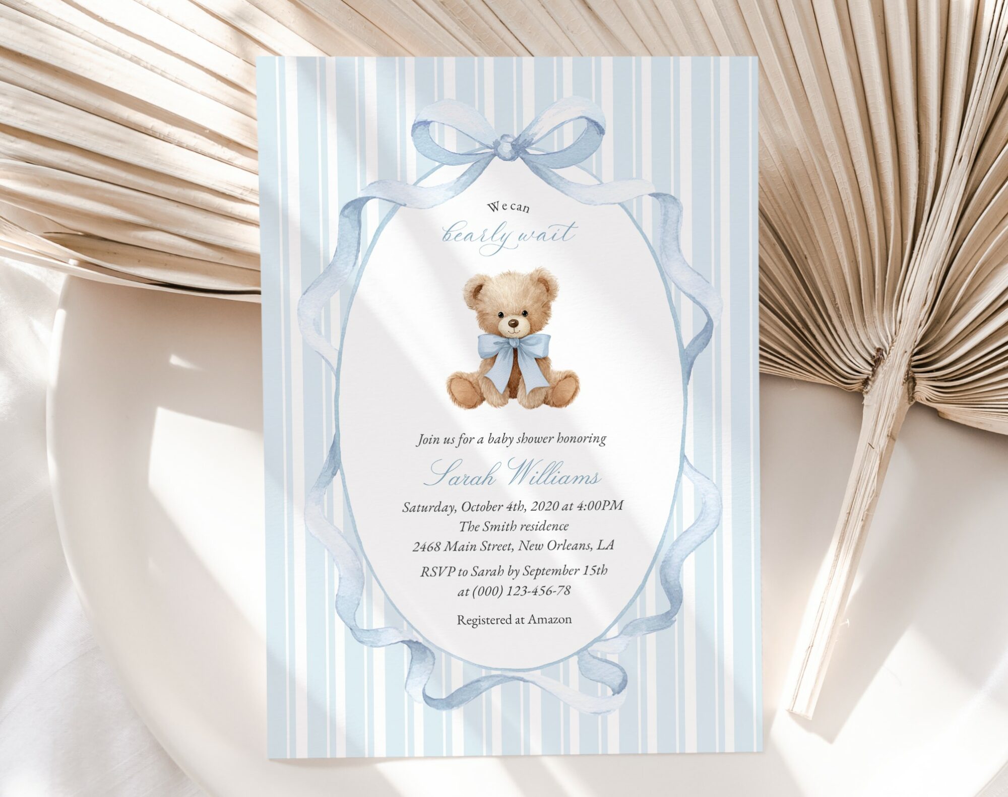 Bear and Blue Stripes Baby Shower Invitation, Boy Baby Shower, Printable File, Edit Yourself, SH229 Bear and Blue Stripes Baby Shower Invitation, Boy Baby Shower, Printable File, Edit Yourself, SH229
